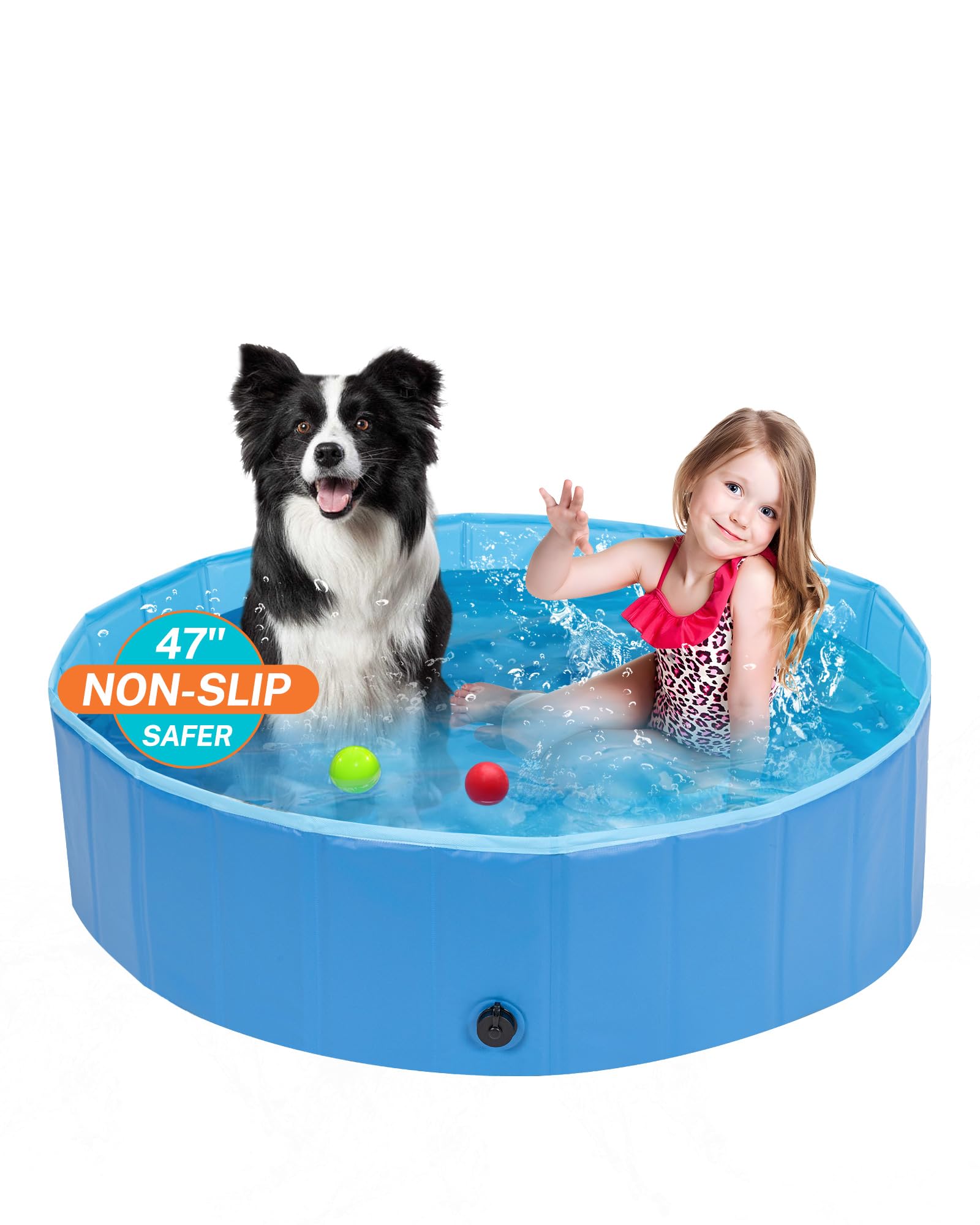 Foldable Pool for Large Dogs, 6MM Thickened PP Board, 3 Layers Mesh PVC & Non-Slip Embossed PVC, Collapsible Hard Plastic Summer Swimming Pool, Portable Bath Tub for Pets Cats 47''