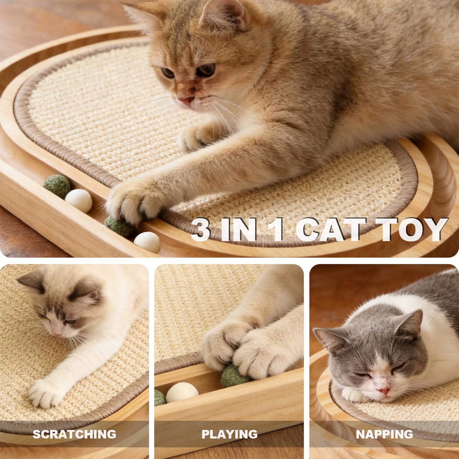 HLSM KJ - Rascador de sisal para gatos, almohadilla rascadora de sisal Natu, bola de juguete interactiva de madera para gatos, bola de hierba gatera, para perseguir gatos, caza, rompecabezas de
