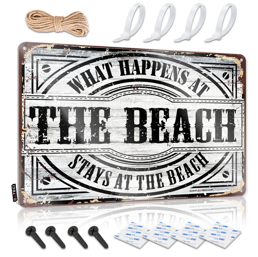 STWNVOITV Cave Man Bar What Happens At The Beach Stays At The Sign Funny Man Cave Signs Metal Man Cave Sign(30X40CM)