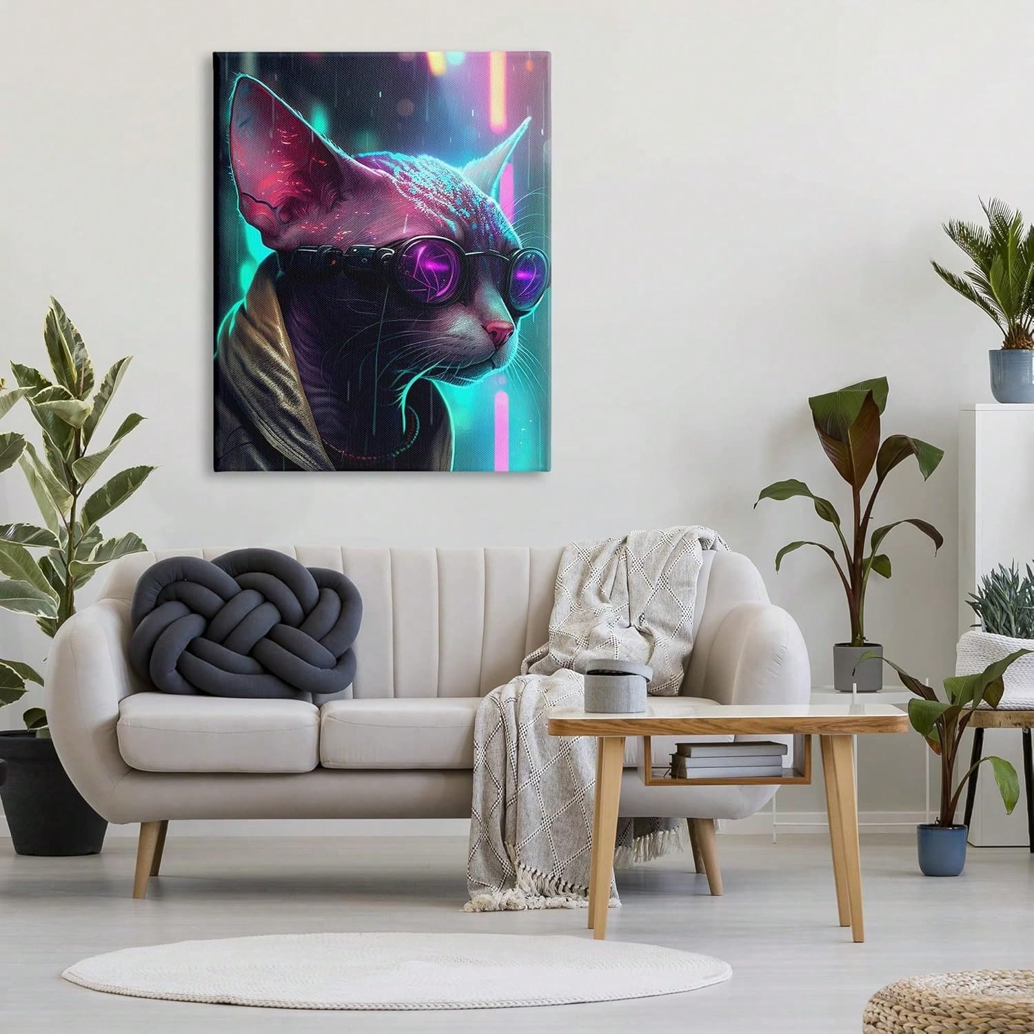 AIHNBF Tableau Cyberpunk Chat Sphynx Portrait Néon Art Mural Impression sur Toile Décoration Murale Sci-Fi Moderne pour Salle de Gaming Chambre Bureau Déco Style Futuriste 50x75cm