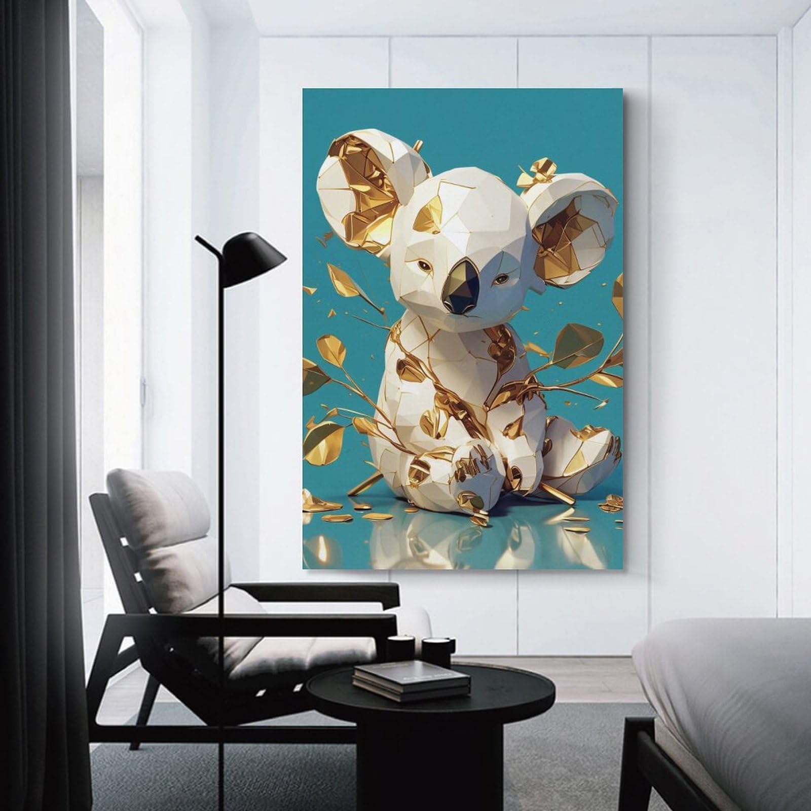 Junmoney Unframe-Style-3 Geometric Gold And White Koala Canvas Wall Decor 24X36inch(60X90cm), For Study, Office Or Focused Interiors, Wall Art That Adds Style To Work Areas