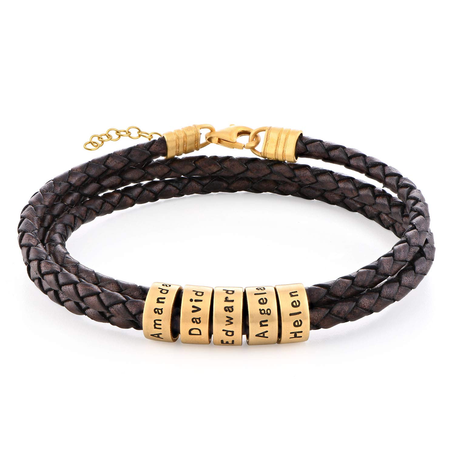 MyNameNecklace Personalisiertes, geflochtenes schwarzes oder braunes Lederarmband mit gravierten Perlen für Frauen, Geschenk aus Sterlingsilber