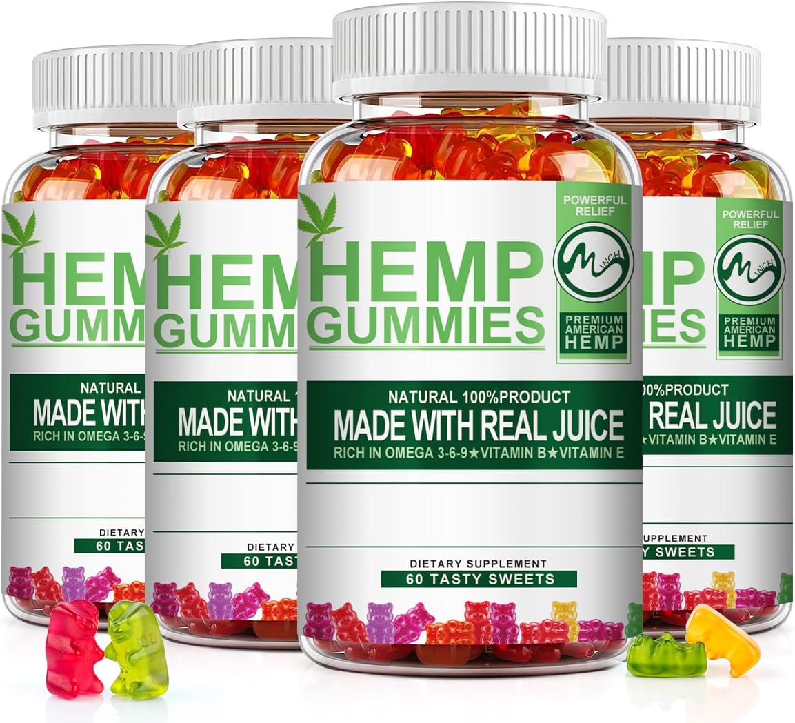 (4 Packs) Hemp Gummies - Stress Relief Fruity Gummy Bear with Hemp Oil, Natural Hemp Supplements