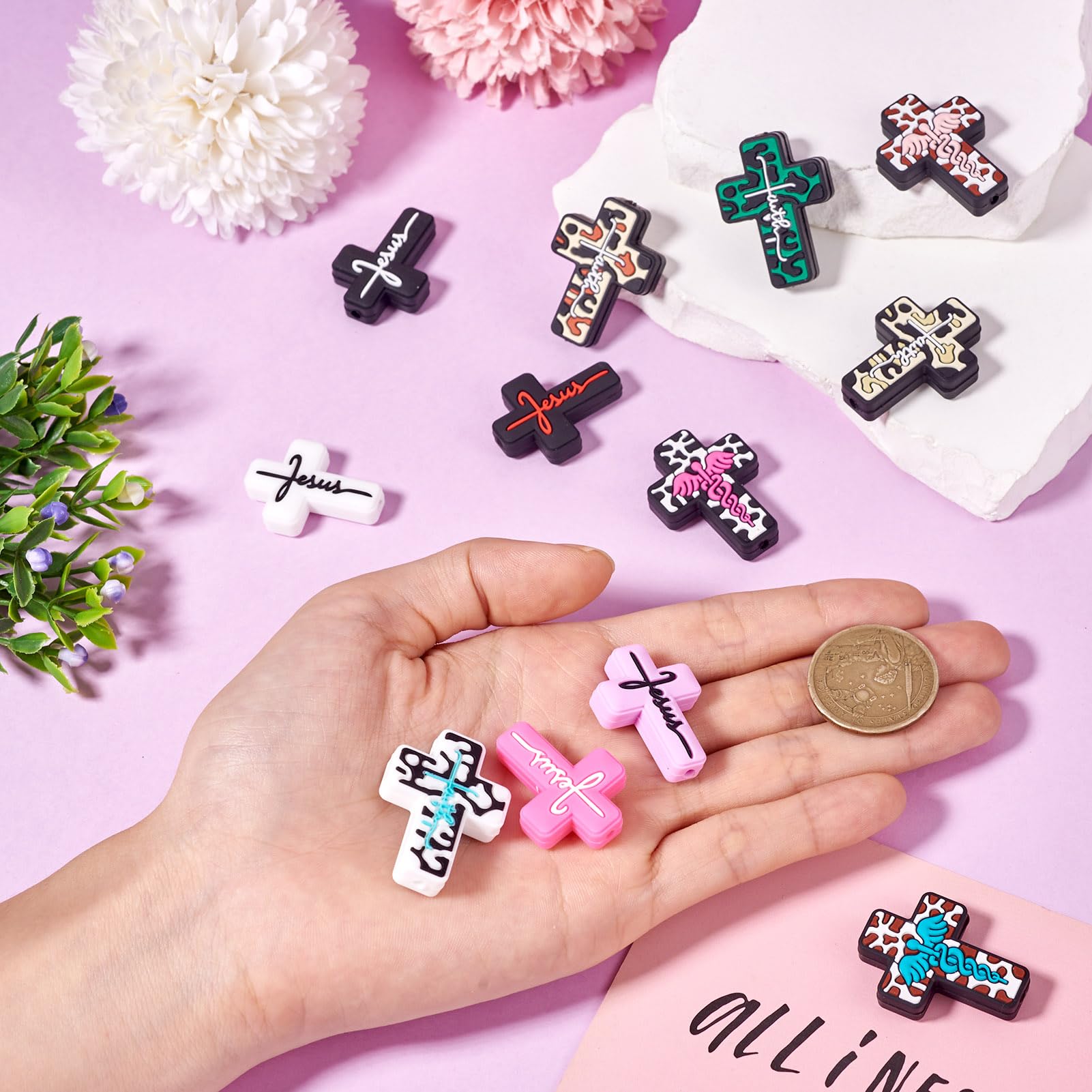 Spritewelry 12pcs Cross Silicone Focal Beads for Pen Religion Jesus Cross Beads Leopard Cross Silicone Beads Easter Silicone Beads Cute Cross Beads for DIY Craft Jewelry Making - Image 4