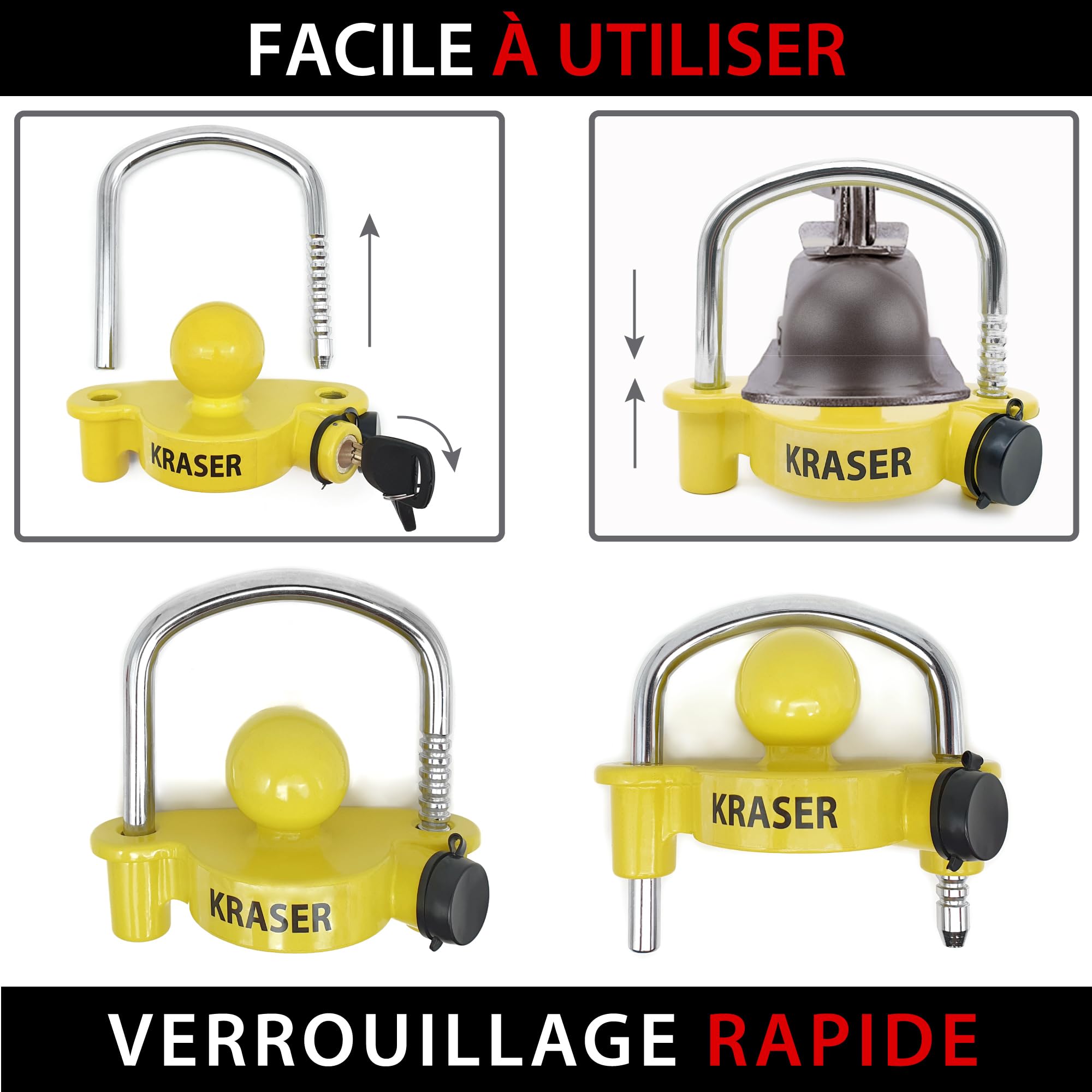 KRASER KR815 Antivol Remorque et Caravane pour Attelage, Verrouillage Haute Sécurité, Très Visible et Dissuasif. Efficace Contre le Vol, Pratique à Utiliser et Testé par des Milliers d’Utilisateurs