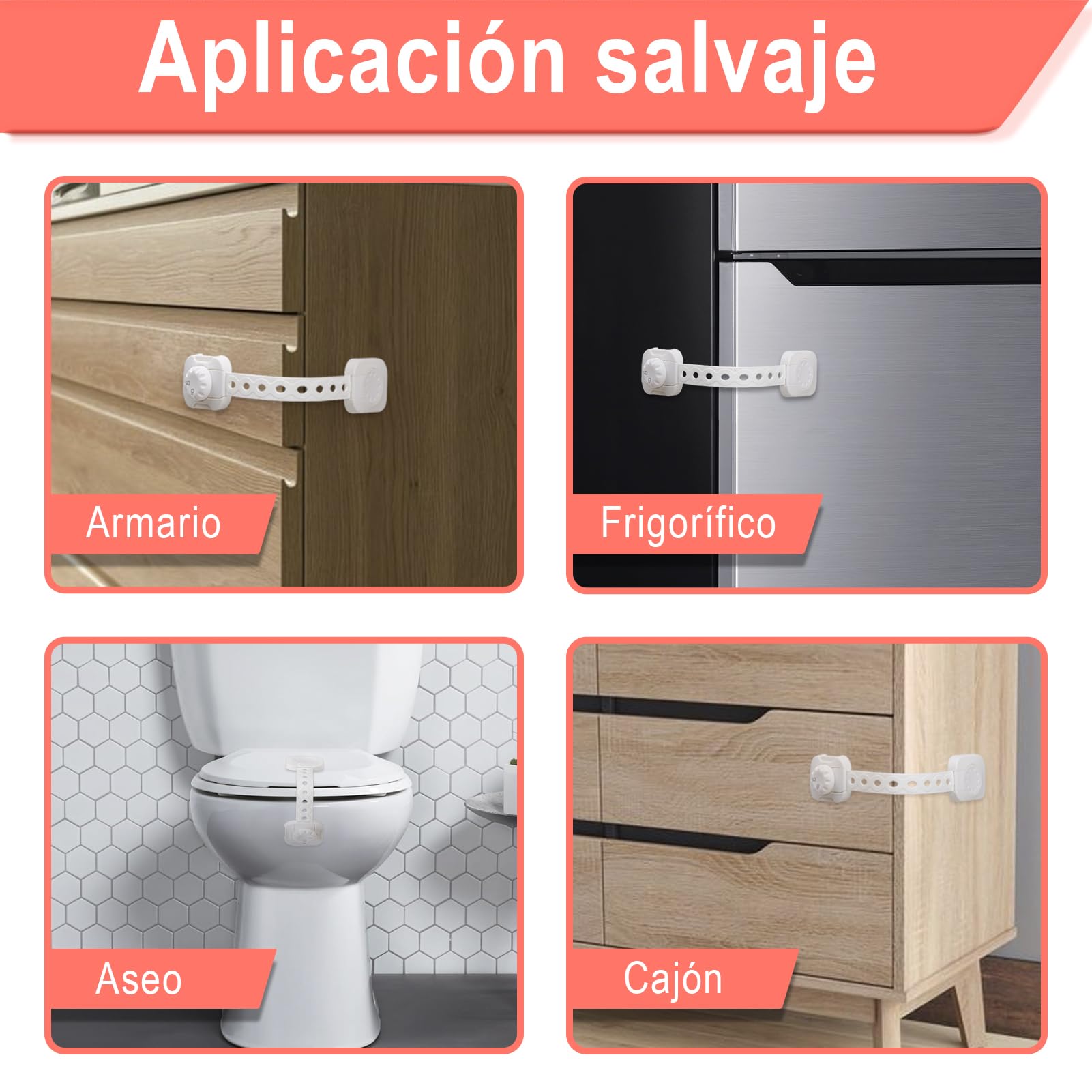 REDTRON Cerraduras de Seguridad para Niños, 6Pcs Bloqueo de Seguridad con Adhesivo de 3M, Cerraduras a Prueba de Bebé para Gabinetes, Cajones, Neveras(Blanco, No se necesita usar taladros)