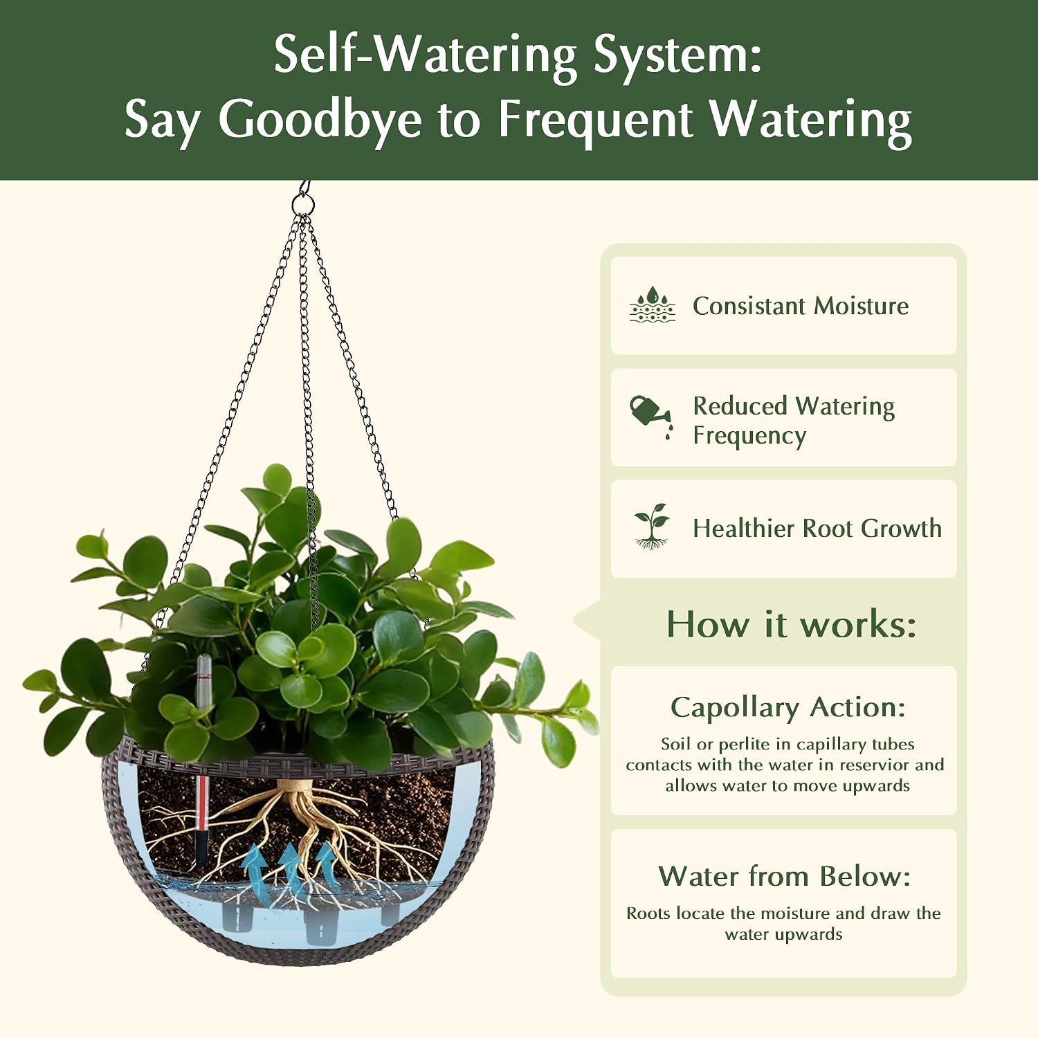 13.5 inch 2Pack Large Hanging Planters for Outdoor/Indoor Plants, Self Watering Hanging Pot with Water Level Indicato, Drainage Holes and Chain for Garden Porch, Brown
