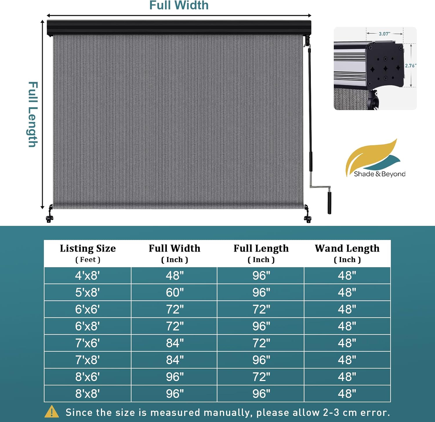 Shade&Beyond Outdoor Roller Shades 8' W x 8' H Cordless Roll Up Blinds with Valance, Exterior Shade Cloth Roll for Patio Porch Pergola, Grey