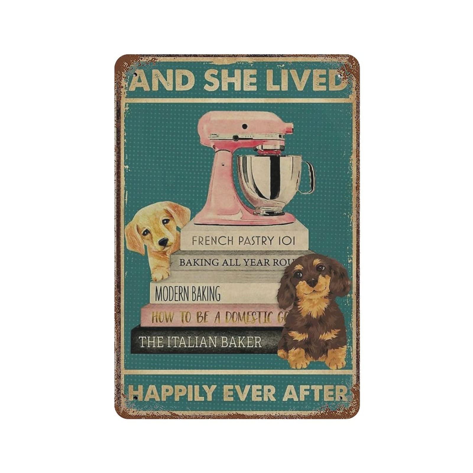 AOOEDM Dogs And She Lived Happily After Metal Tin Sign for Home Bar Pub Kitchen Wall Art Deocr Man Cave Vintage Metal Sign Poster Plaque Signs Quotes Sign