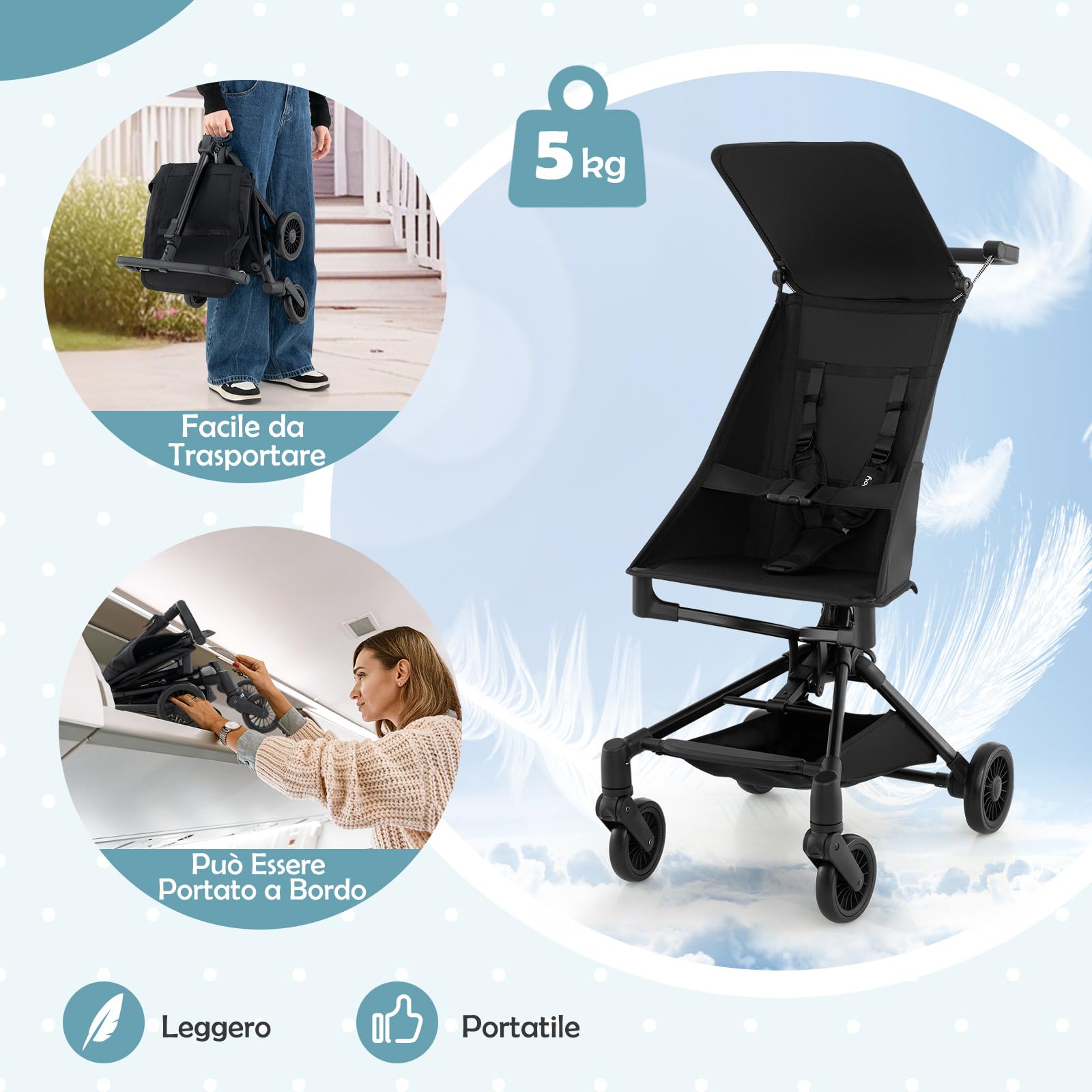 RELAX4LIFE Passeggino Leggero,Pieghevole con Tettuccio Regolabile e Cestino Portaoggetti, Compatto con Chiusura a Una Mano, Adatto per Viaggi in Aereo, per Bambini 6-36 Mesi