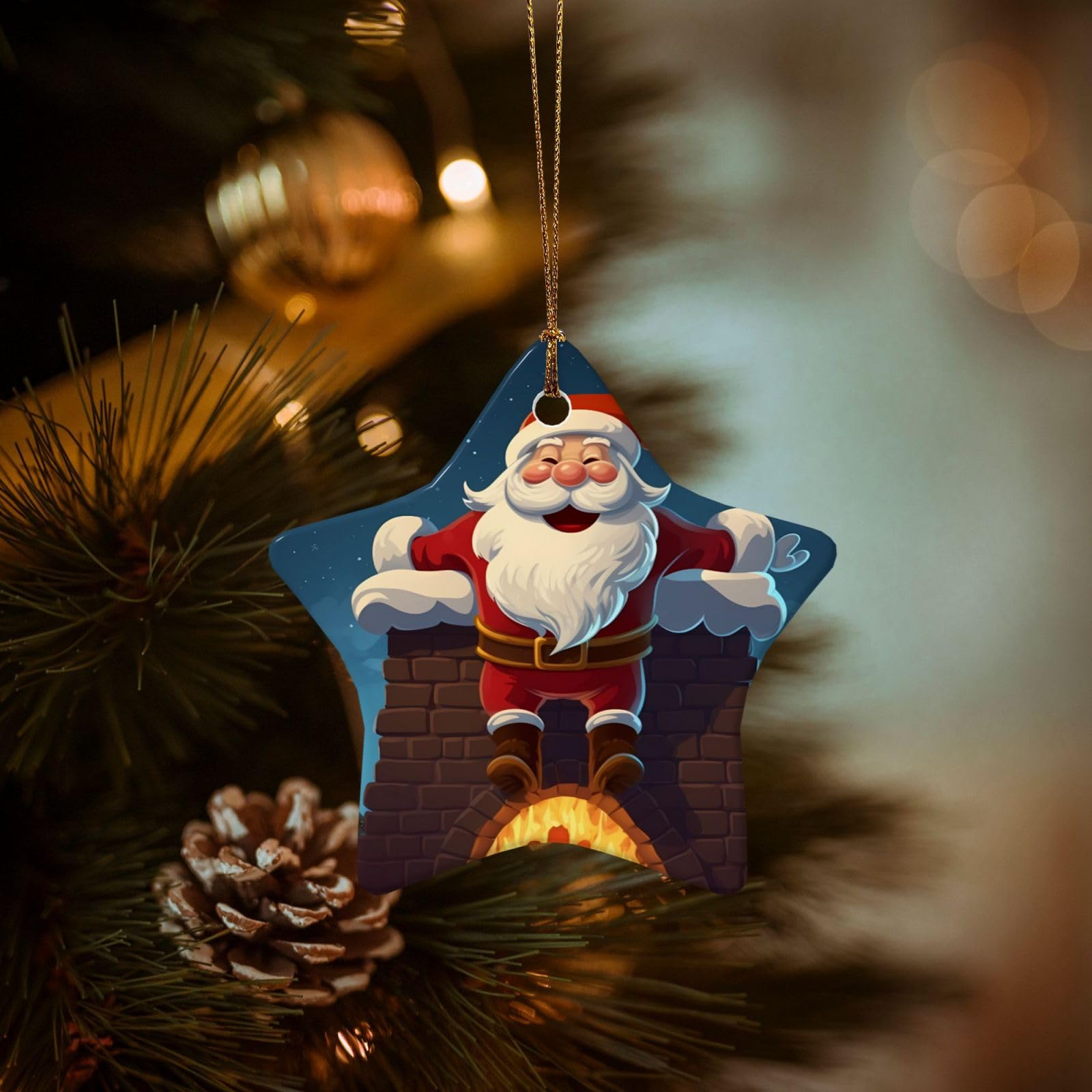 Christmas Tree Ornaments Ceramics Christmas Decorations Santa Into The Chimney Ornaments with Gold Ribbon Porcelain Xmas Tree Crafts Star Shape Hanging Pendant for Christmas Tree Party Decor