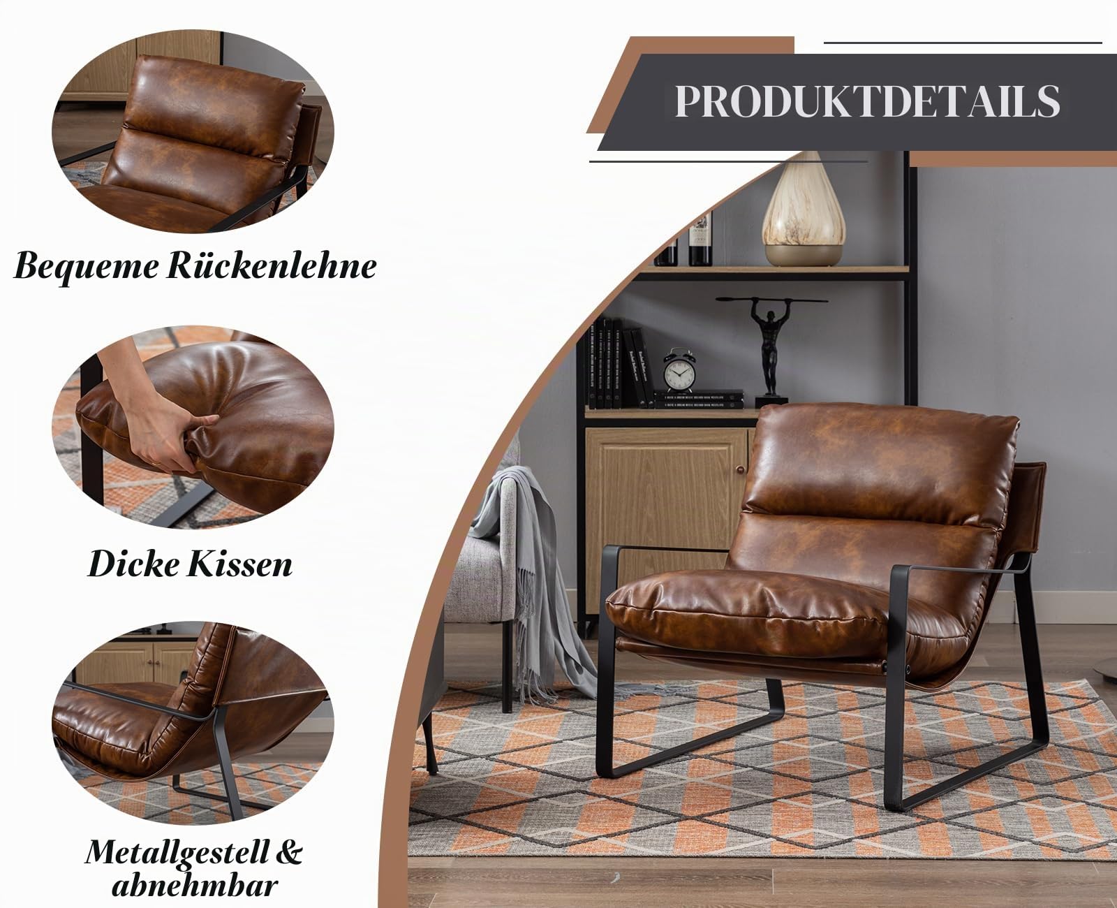 Ya-Home Sessel Wohnzimmer Lesesessel mit Armlehnen moderner Loungesessel mit Metallgestell,Kunstleder, Braun