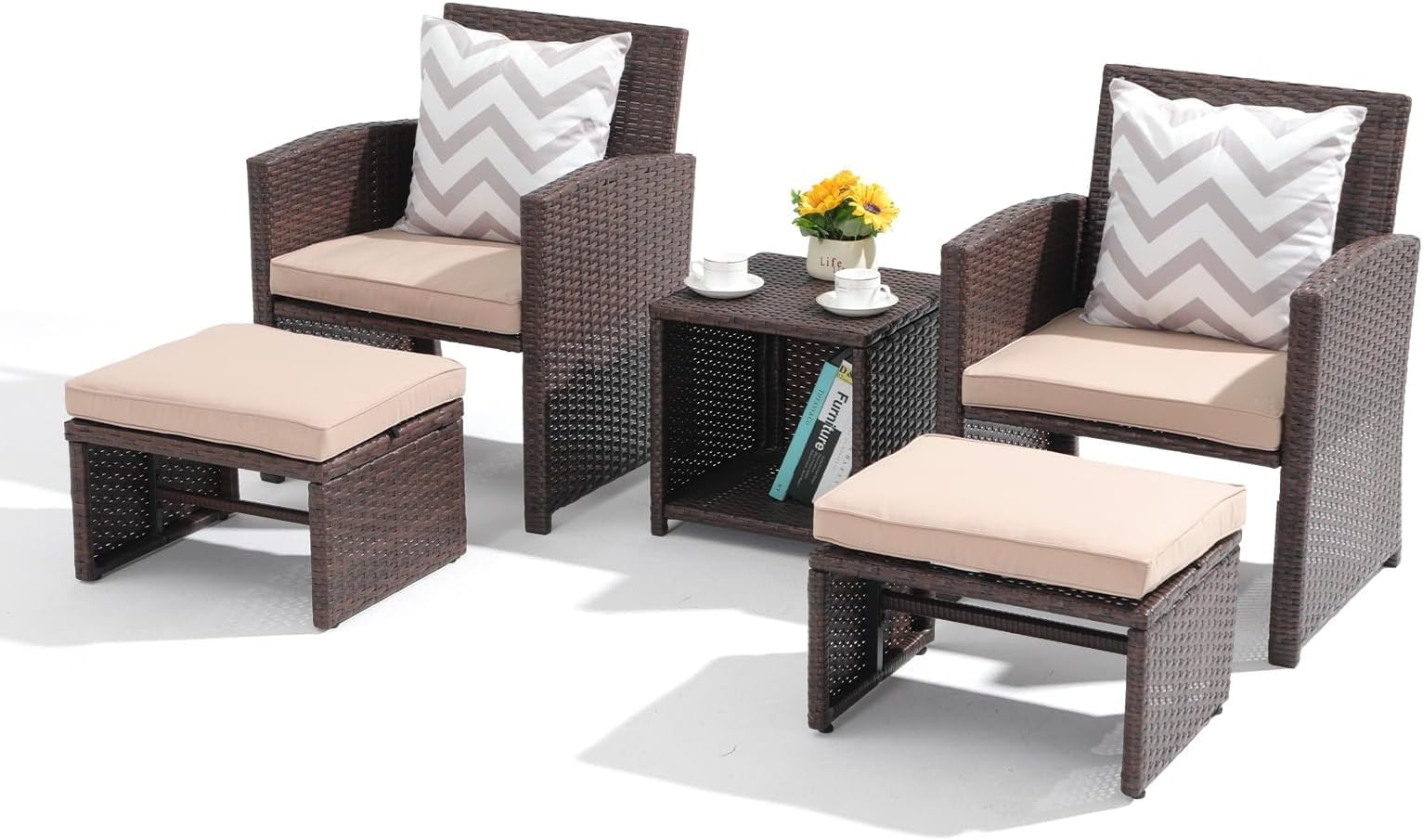 5 Pcs Patio Conversation Set Balcony Furniture Set with Cushions, Brown Wicker Chair with Ottoman, Storage Table for Backyard, Garden, Porch, Beige