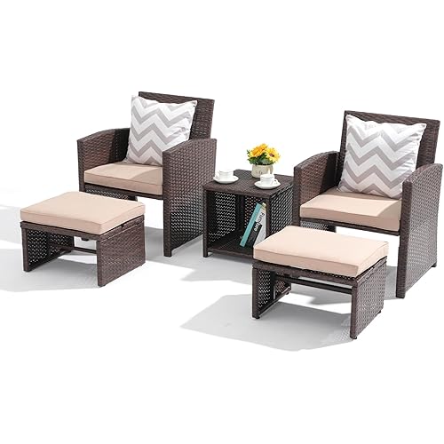 OC Orange-Casual 5 Pcs Patio Conversation Set Balcony Furniture Set with Cushions, Brown Wicker Chair with Ottoman, Storage Table for Backyard, Garden, Porch, Beige