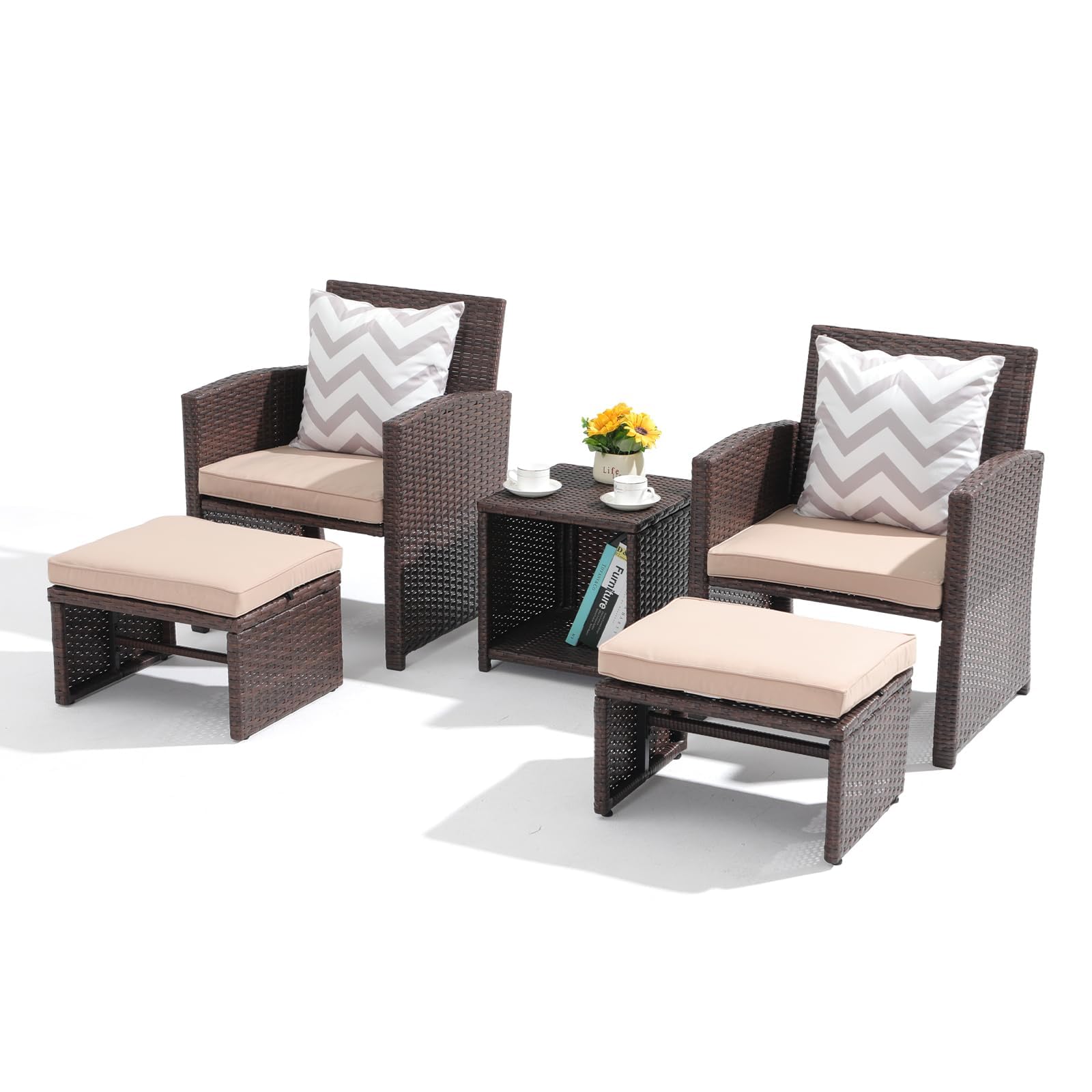 OC Orange-Casual 5 Pcs Patio Conversation Set Balcony Furniture Set with Cushions, Brown Wicker Chair with Ottoman, Storage Table for Backyard, Garden