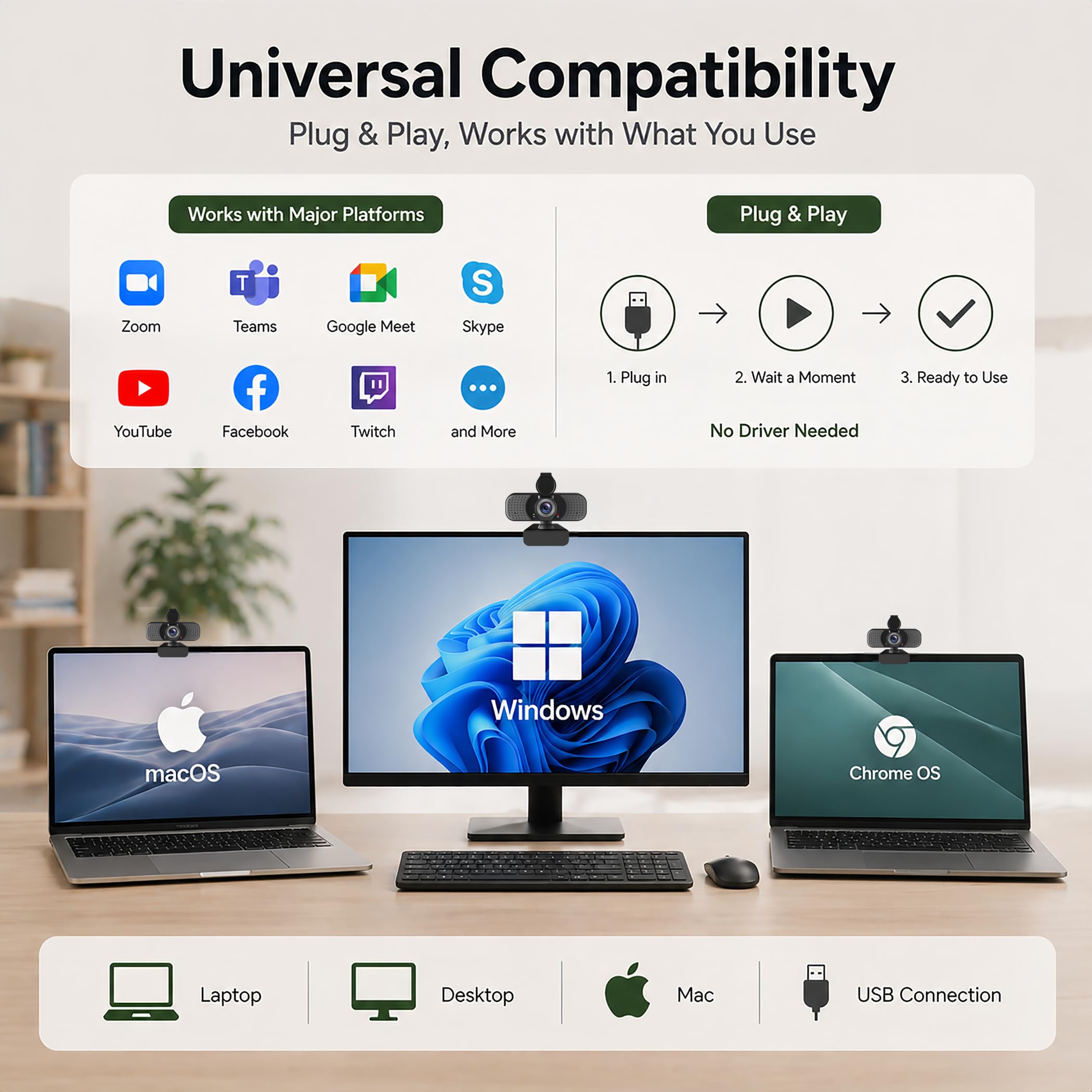 Cámara web Full HD 1080P con micrófono, cancelación de ruido, cubierta de privacidad, lente gran angular, corrección automática de luz, cámara web USB Plug & Play para laptop, escritorio, PC