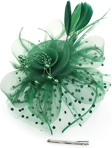 Sombrero de fiesta de té para mujer, tocado de plumas, flores, diadema de malla punteada con cuentas, talla única