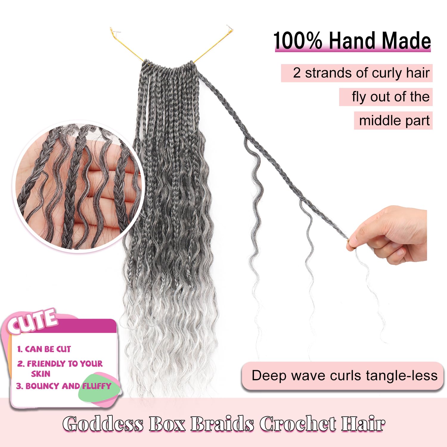 Grey Goddess Box Braids Crochet Hair for Women 24 Inch 7 Packs Black Gray Boho Box Braids Crochet Hair with Curly Ends Pre Looped Bohemian Braids Crochet Hair Extensions, 1B/Grey