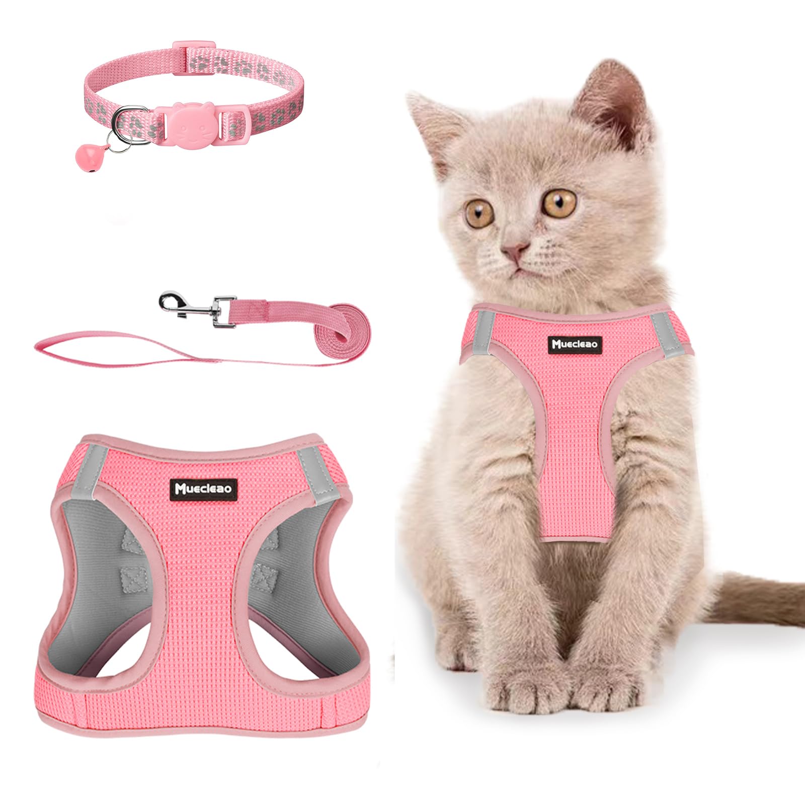 Muecleao Cat Harness and Lead Set, Adjustable Cat Harness for Walking Escape Proof, Soft Kitten Harness and Lead Set Vest with Reflective Strip for Cats Dogs Pets Walking (Pink, XXS(Chest 28-32 cm))