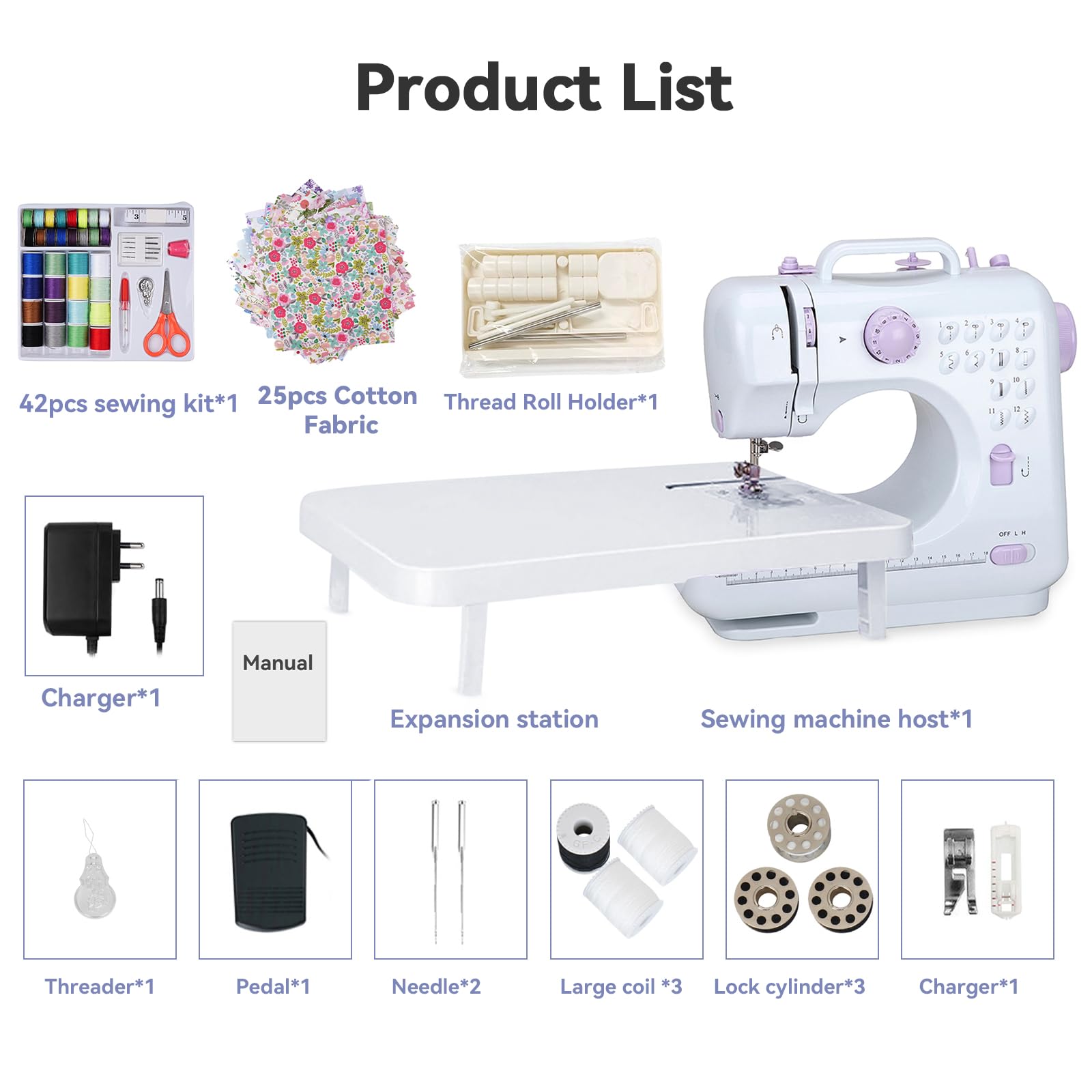 Mini macchina da cucire elettrica 505A, 12 puntate, macchina da cucire domestica con tavolo di espansione e kit da cucito completo, doppia alimentazione, pedale di velocità, ideale per