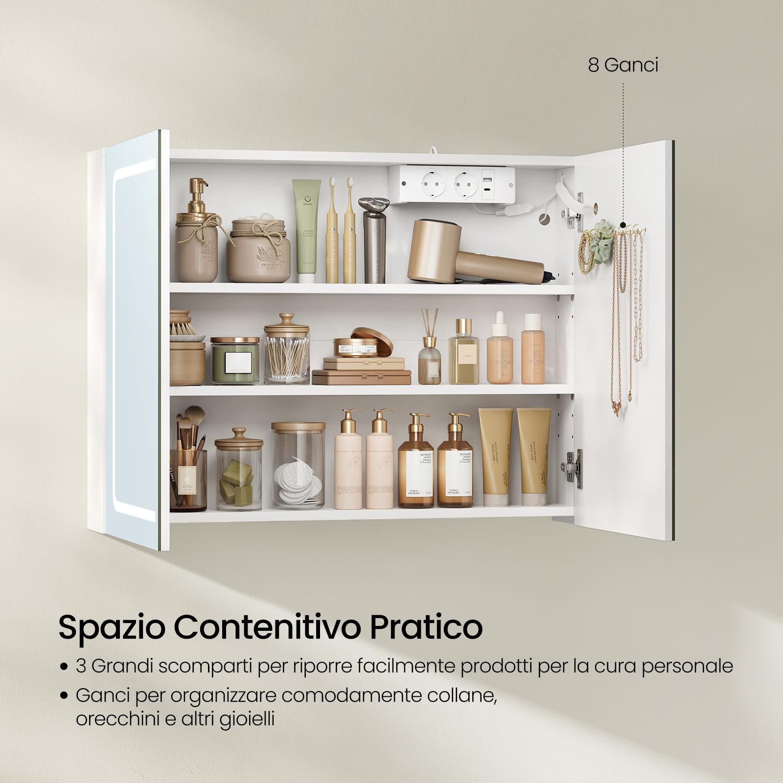 EUGAD Mobile Bagno con Specchio e Luce, Armadietto Bagno a 3 Porte con Ripiani Regolabili, Ganci e Prese, Luce Tattile a 3 Colori, per Appartamento, Bianco (80x14,5x60 cm)