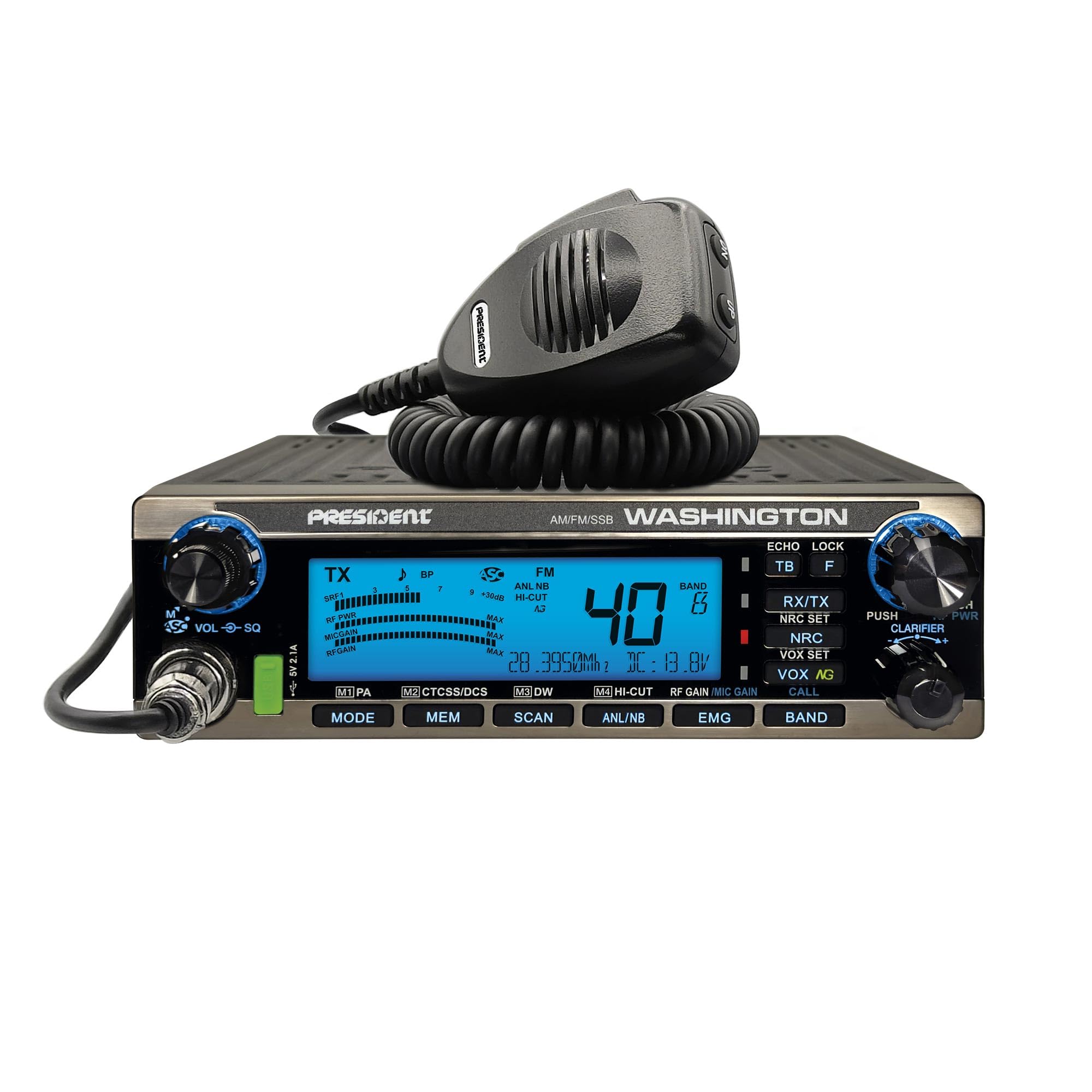 President Washington 100W – Ricetrasmettitore CB/Radioamatore HF 10m/12m, AM/FM/USB/LSB, 100W PEP, Porta USB, VOX, SWR, Bluetooth Compatibile, Stazione Base