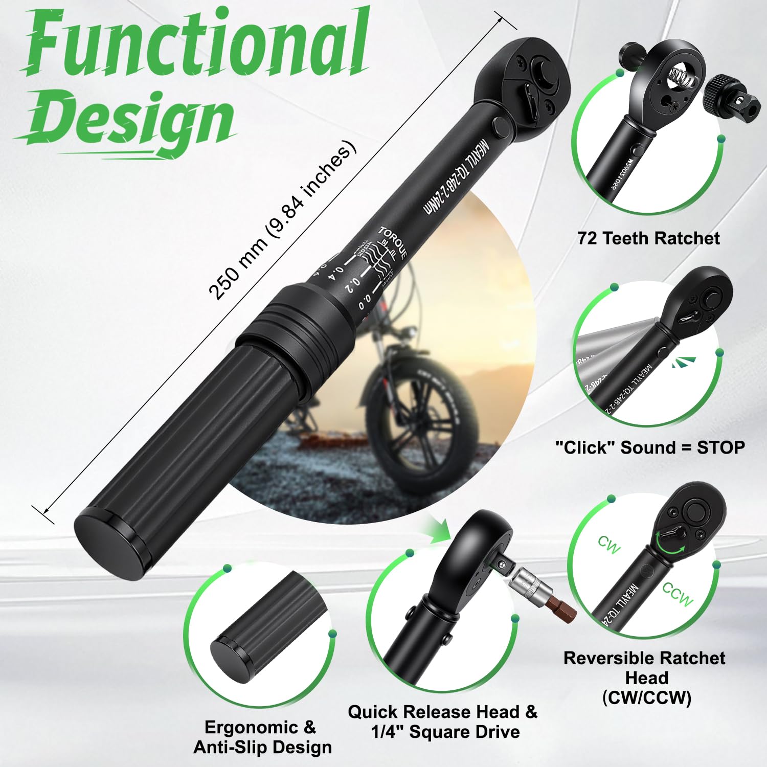 Clé dynamométrique vélo 1/4" 2–24 Nm, précision ±3%, cliquet réversible 72 dents, kit clé dynamométrique moto avec 12 embouts, adaptateur 1/4" à 3/8" et rallonge 100 mm (Noir)