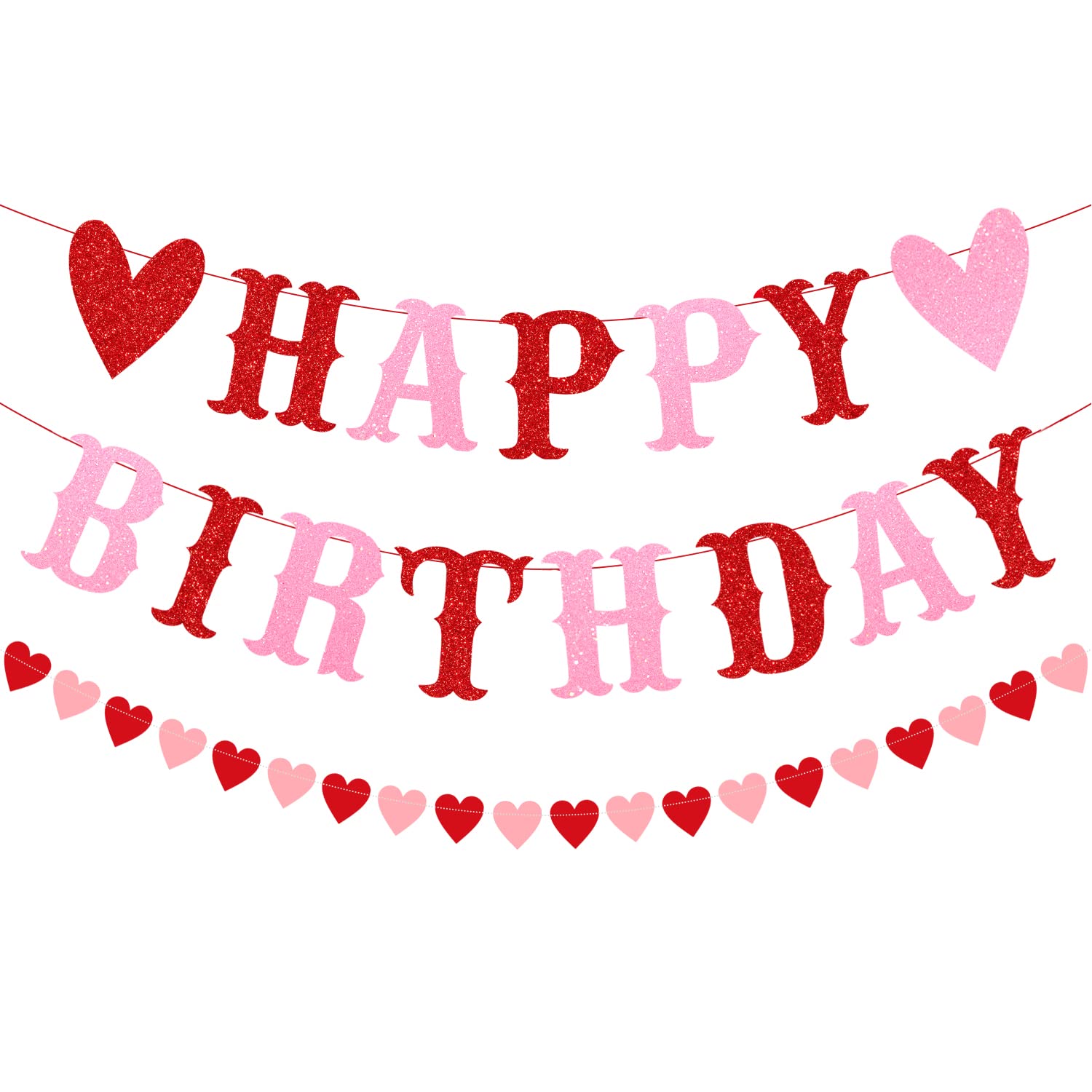 PTFNY Valentine's Day & Birthday Banner - Red & Pink Glitter, 3m Long, Pre-Assembled, Wall Mount
