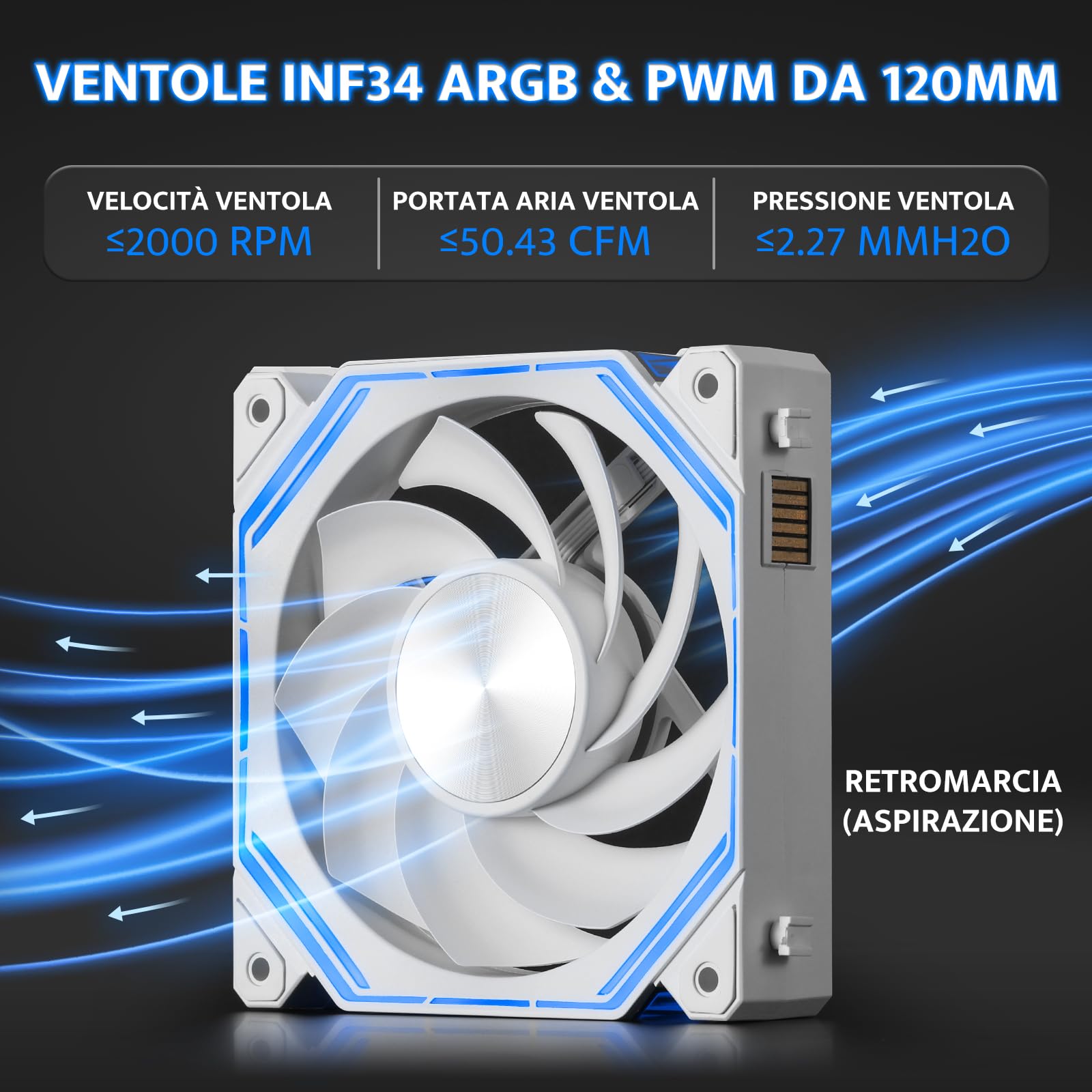 darkFlash INF34 Ventola per PC da 120 mm, con catena a margherita, raffreddamento fino a 2000 giri/min, PWM a 4 pin, ventola per computer di raffreddamento ARGB, confezione da 3 (inversa, bianca)