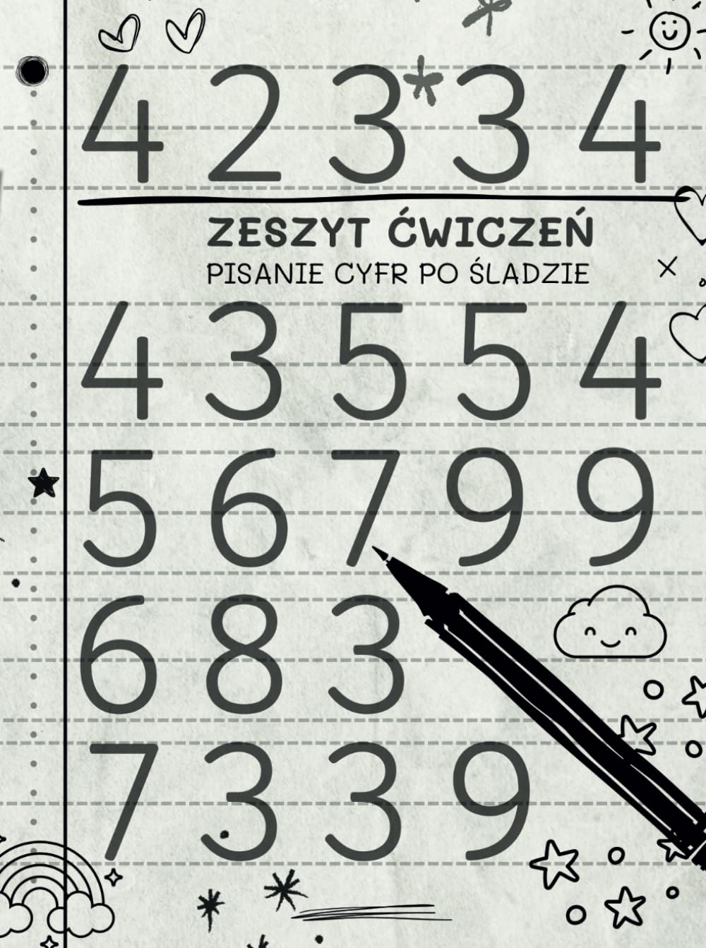 Zeszyt ćwiczeń, pisanie cyfr po śladzie
