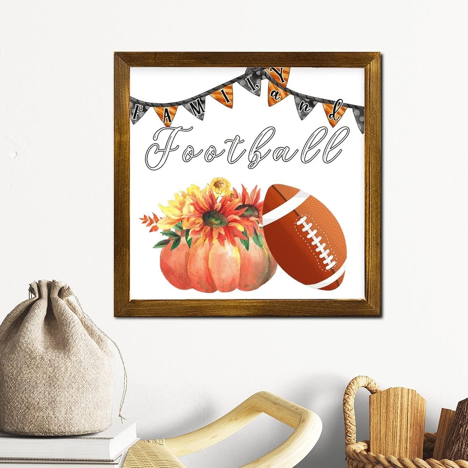 Family and Football Framed Wood Sign Autumn Pumpkin Sunflower Porch Sign Classic Farm Harvest Wall Art Decor for Home Bedroom Living Room Bathroom 12x12 inch