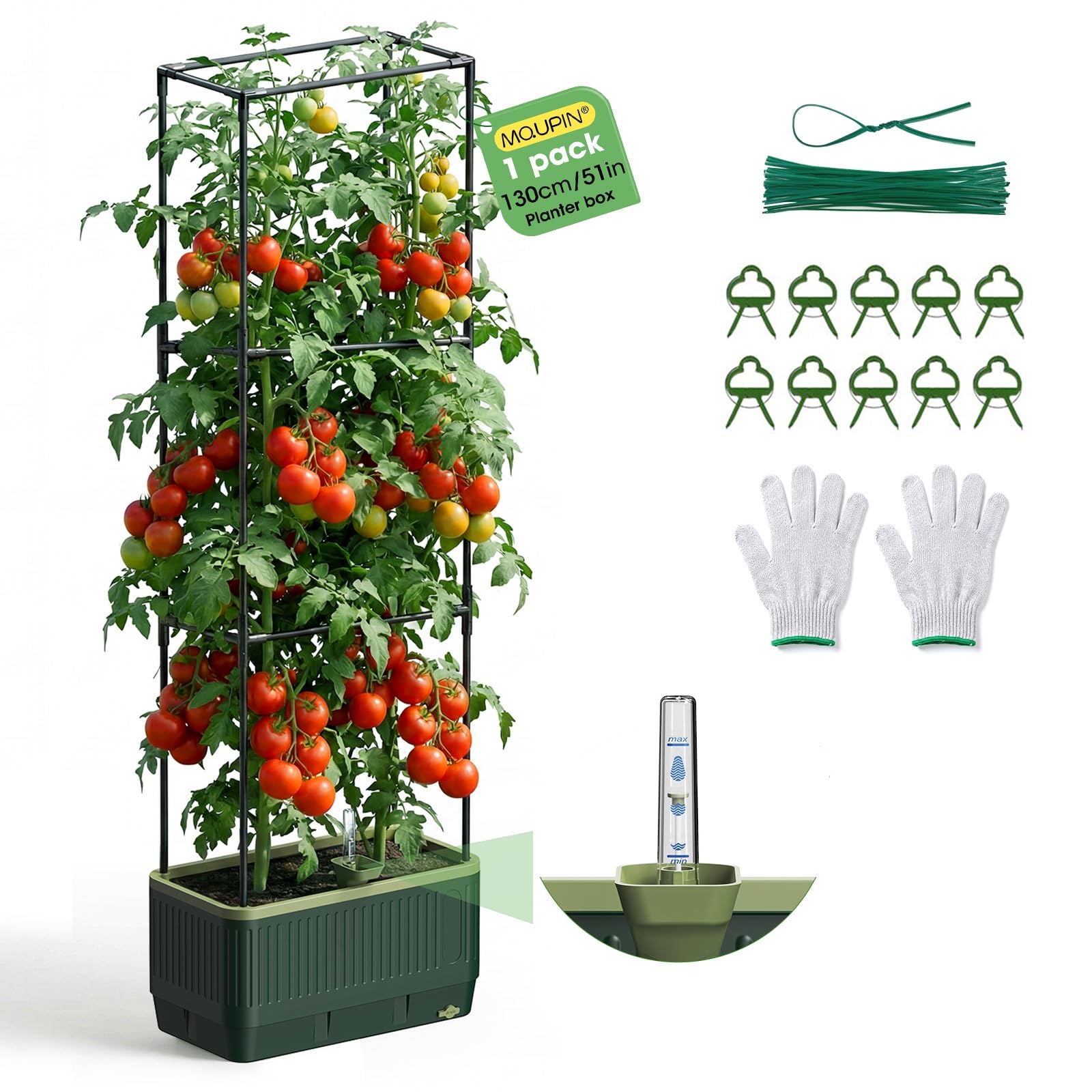 MQUPIN Raised Garden Bed Planter Box, Self Watering Tomato Planter with Water Level Indicator, Garden Tomato Cage for Indoor & Outdoor Climbing Vegetables, Plants & Flowers (1)