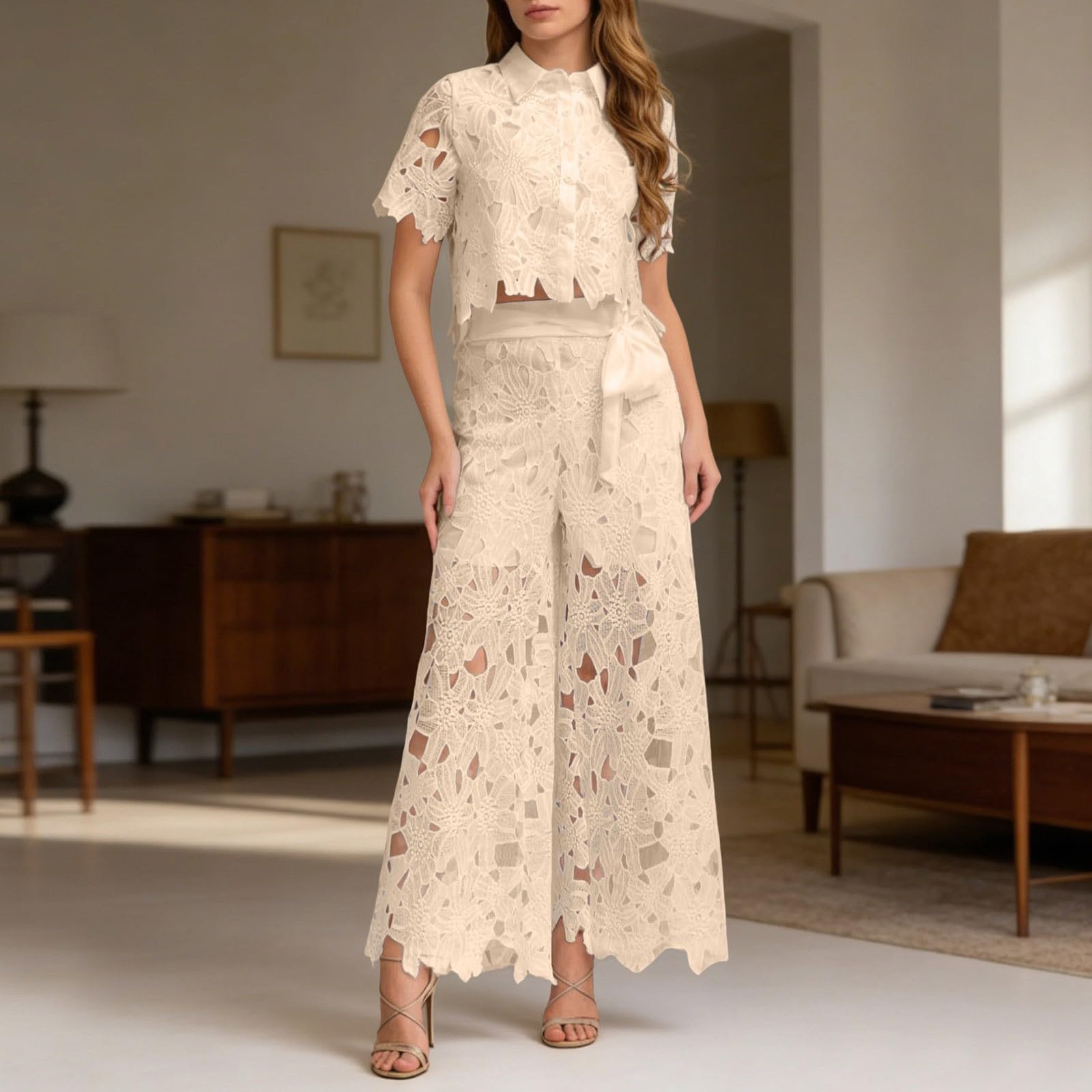 Zweiteiler Damen Spitze Hosenanzug Ausgehöhltes Bluse Oberteile High Waist Hose Elegant Loungewear Einfarbig Outfit Set Party Freizeitanzug Outdoor Streetwear Reiseanzug