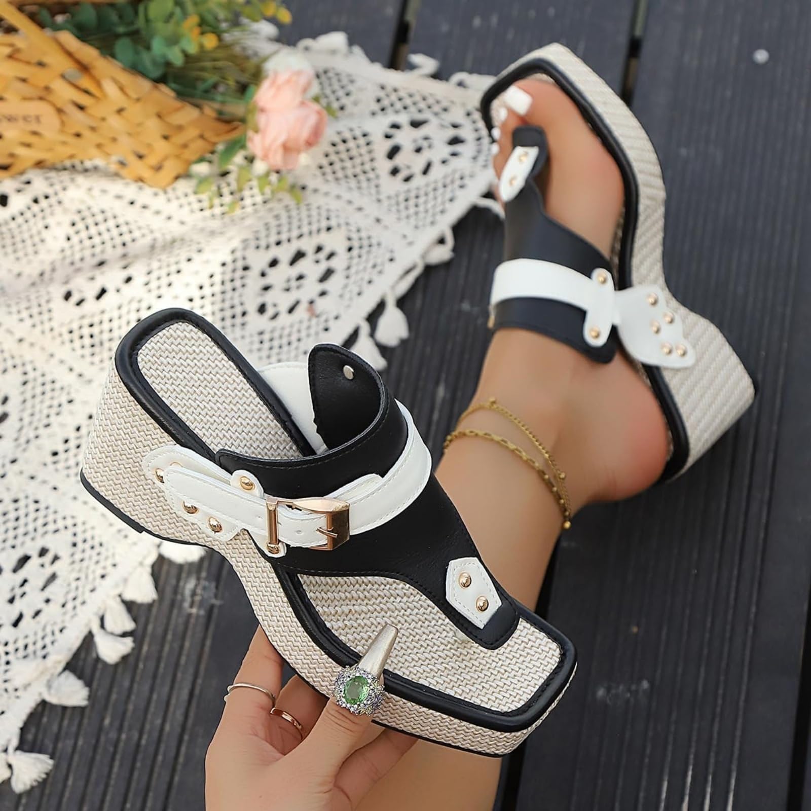 Sandali Wedge per Donna Espadrille Piattaforma Flip Flops Pantofole | Slip On Peep Toe Sandali Cinturina Regolabile Sandalo Tacco Grosso Spiaggia Scivoli Scarpe Tacchi Alti