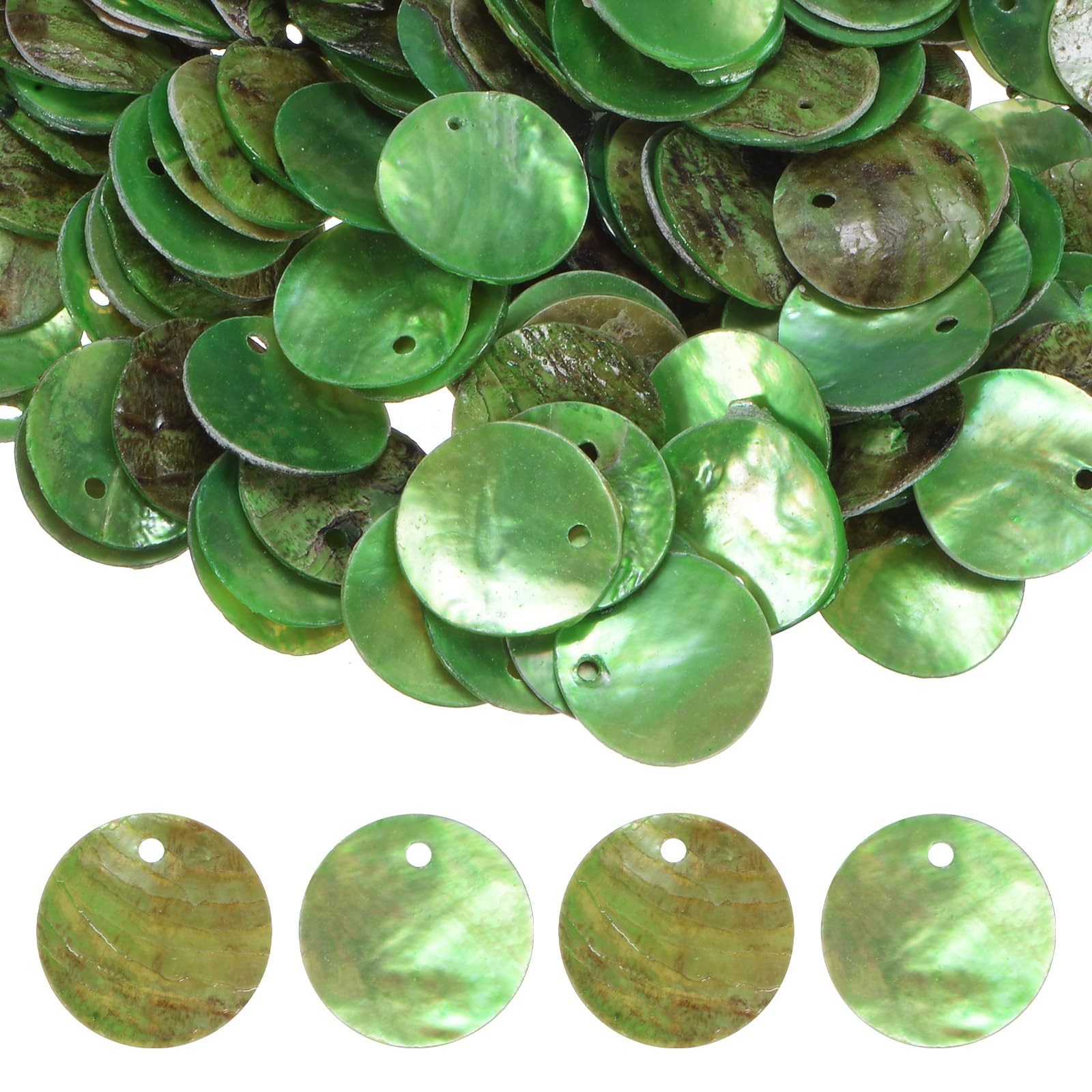 M METERXITY 80-Pack Flat Round Shell Coin Drop Charm Beads, 15mm Flat Shell Beads with Hole for Jewelry Making/Necklace/Earring/Craft [Fruit Green]