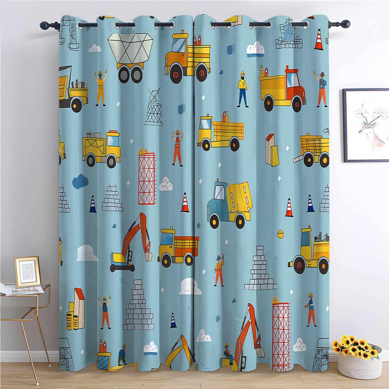 CozyRest Kinder Vorhänge Cartoon -Stil -LKW Ösen Gardinen mit Blickdichte Thermo Vorhang Kälteschutz Blackout Curtain Kinderzimmer Schlafzimmer Ösenvorhang Hellblau H 260 x B140cm x2