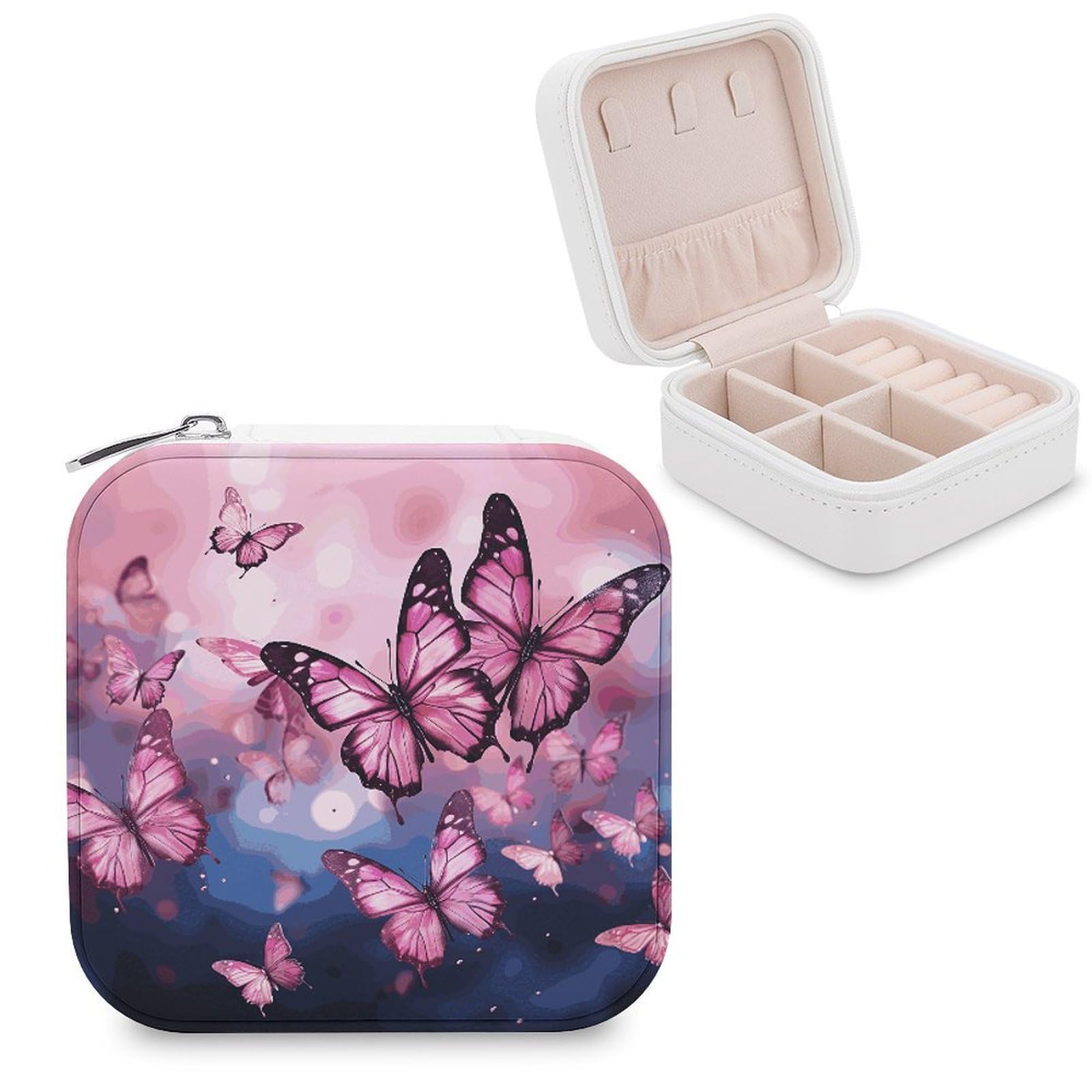 MUSM Pink Butterflies Travel Jewelry Case Personalized PU Leather Jewelry Boxes for Women Small Portable Jewelry Organizer Box Cute Trinket Box for Necklaces Rings Earrings & Gifts