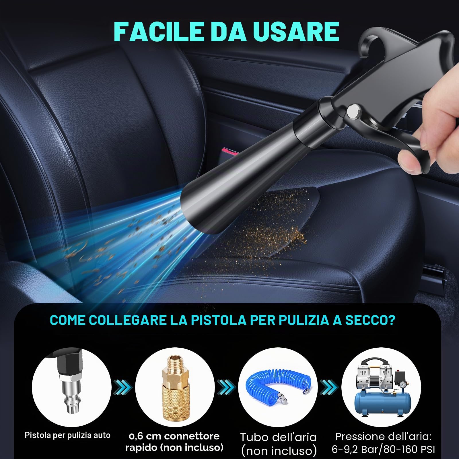 Pistola per lavaggio a secco, pistola per pulizia interna ad alta pressione, pistola per soffiatore ad alta pressione, strumento per la pulizia dell'auto con 2 ugelli per soffiare rapidamente sporco e