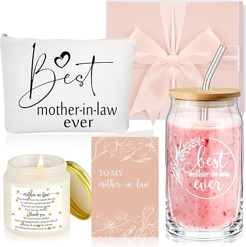 Nuanchu Juego de 5 piezas de regalo para la mejor mamá, taza de cristal de regalo para suegra con tapas de bambú y bolsa de maquillaje con pajita,