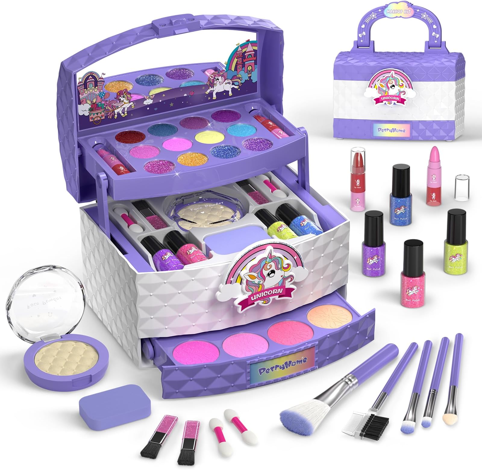 PERRYHOME Kids Makeup Kit for Girl 35 Pcs Washable Real Cosmetic, Safe & Non-Toxic Little Girl Makeup Set, Unicorn Gift for Girls 3-12 Toddler Girl Toys Christmas & Birthday Gift (Unicorn-Purple)