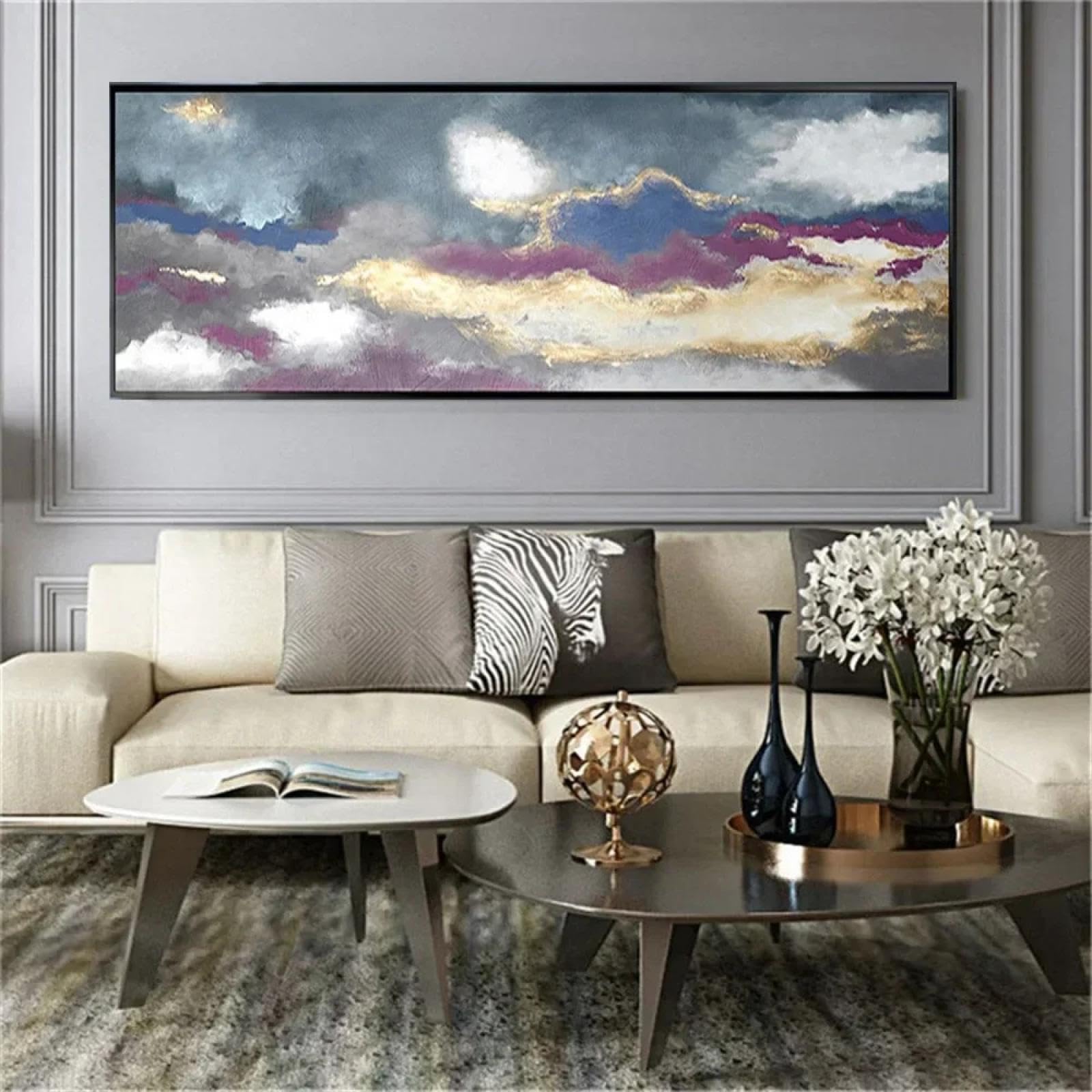 Pintura al óleo de gran tamaño sobre lienzo, carteles de lámina dorada púrpura, obras de arte, del hogar, pinturas de arte abstracto moderno, 30x50cm/(12x20 pulgadas) con marco negro