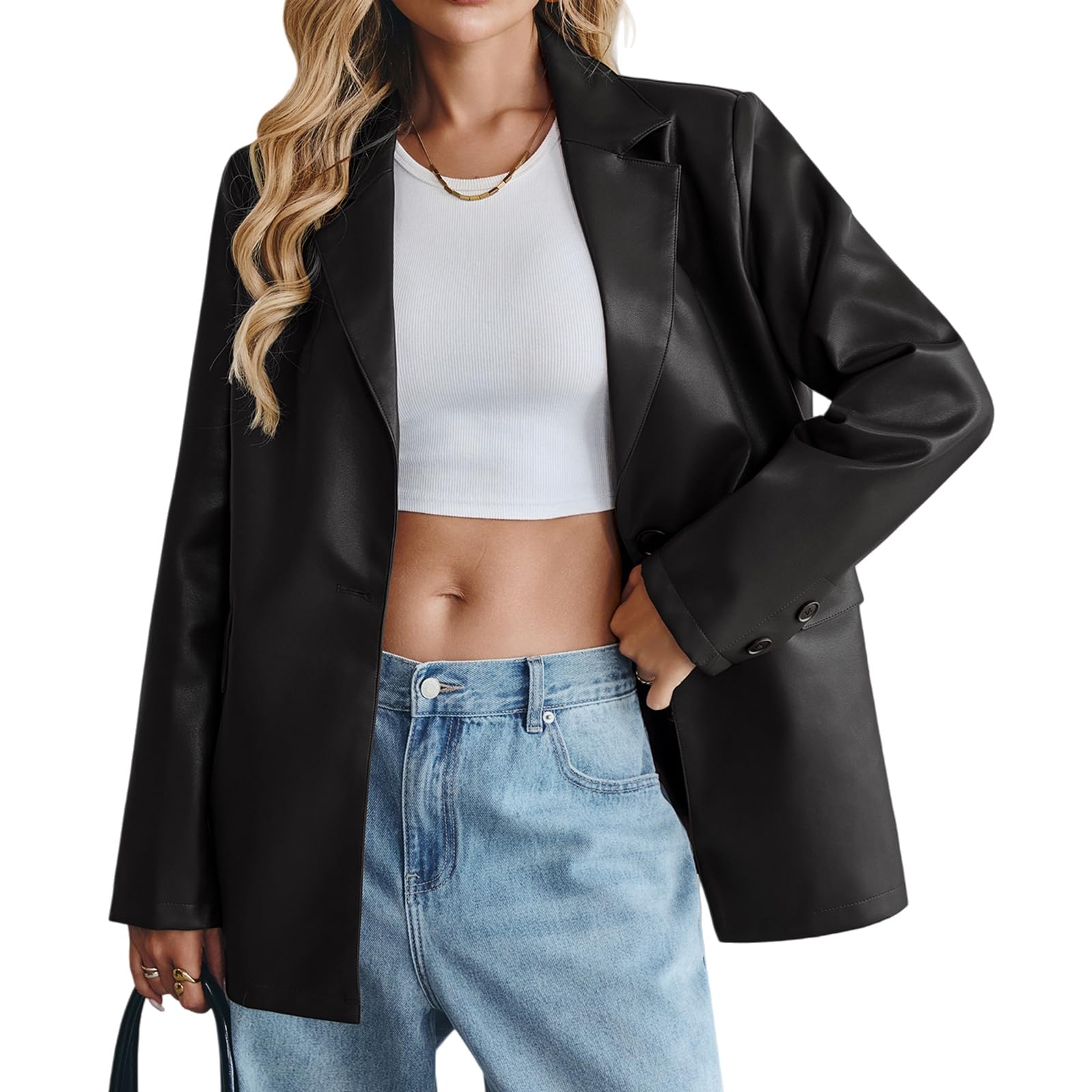 Womens Faux Leather Blazer Oversized Bomber Winter Coat Motocycle Button Down Fall Jackets with Pockets