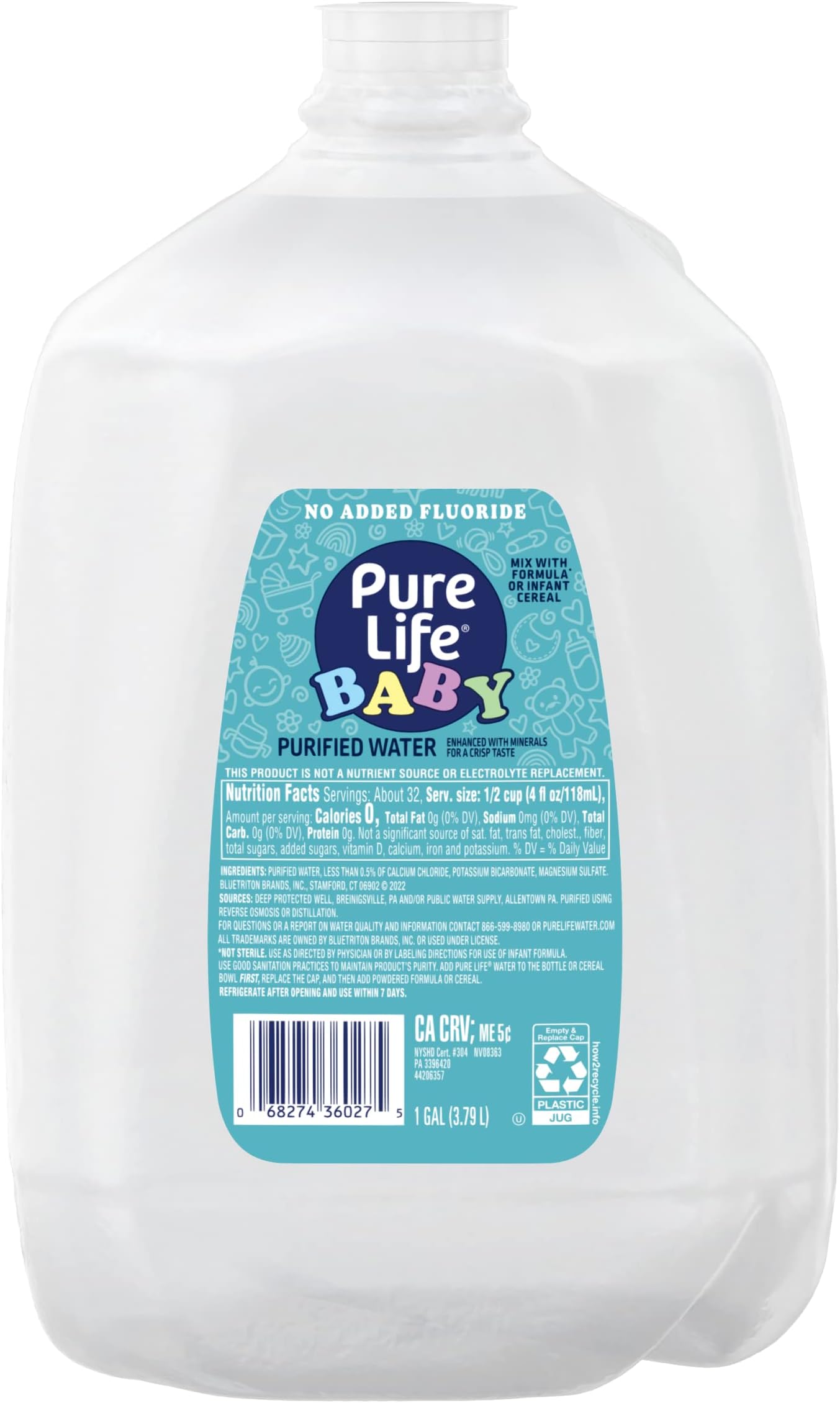 Baby Purified Water, No Added Fluoride, 1 Gallon Jug, Side Handle