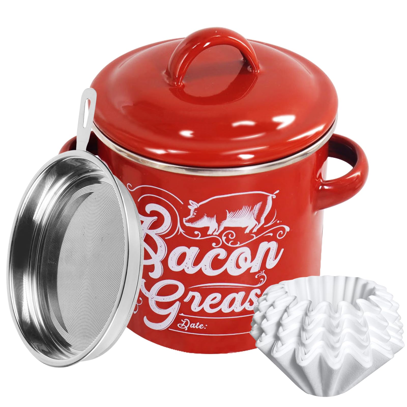 Dukars Bacon Grease Container - with Strainer and Cooking Oil Filter Paper,Enamel Bacon Grease Oil Keeper Can for Bacon Fat Dripping,Farmhouse Style Kitchen Oil Saver (Red)
