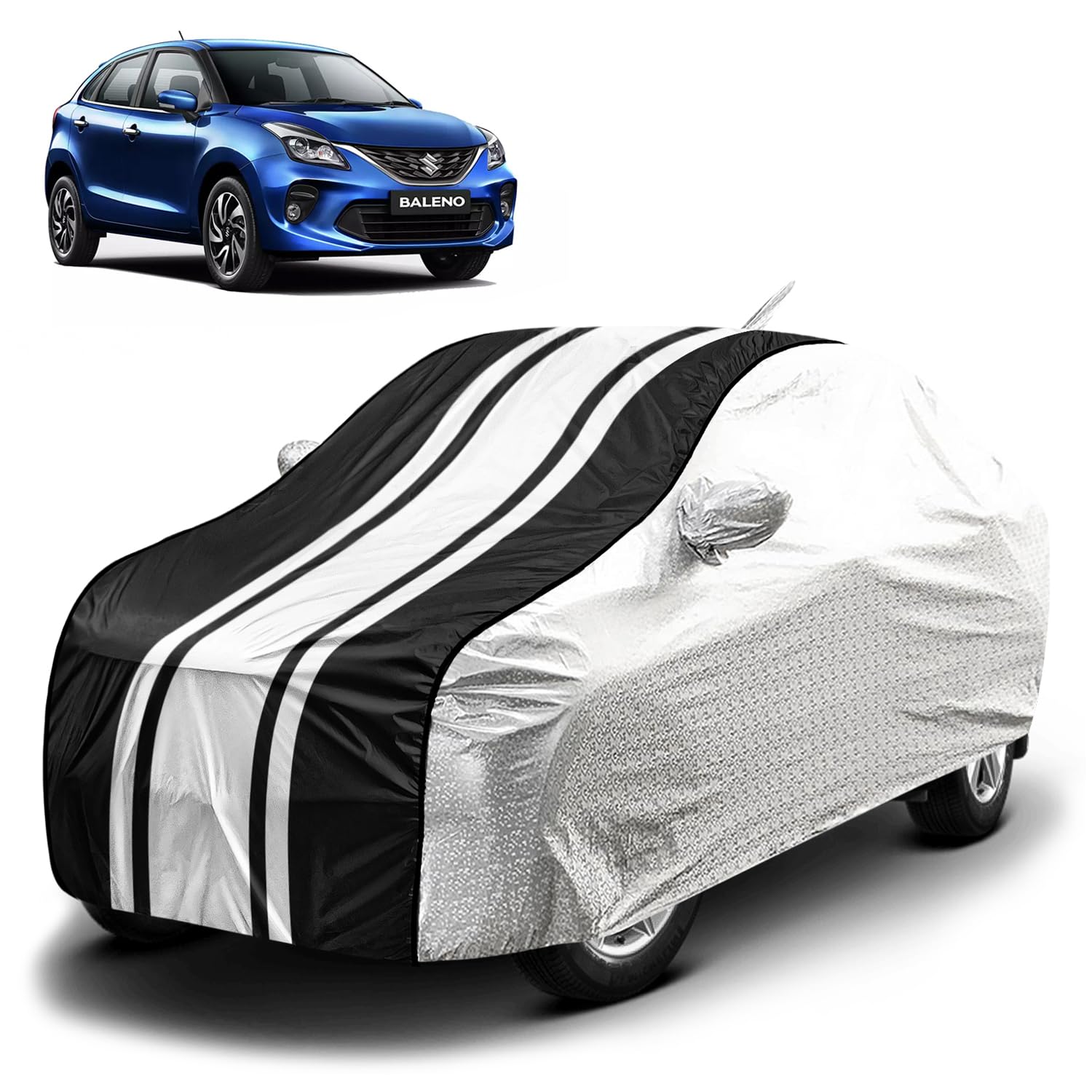 Fabtec Waterproof Car Body Cover for Maruti Baleno with Mirror and Antenna Pocket, Soft Cotton Lining, Bottom Elastic, Triple Stitched (Metallic Silver with Black Stripes)