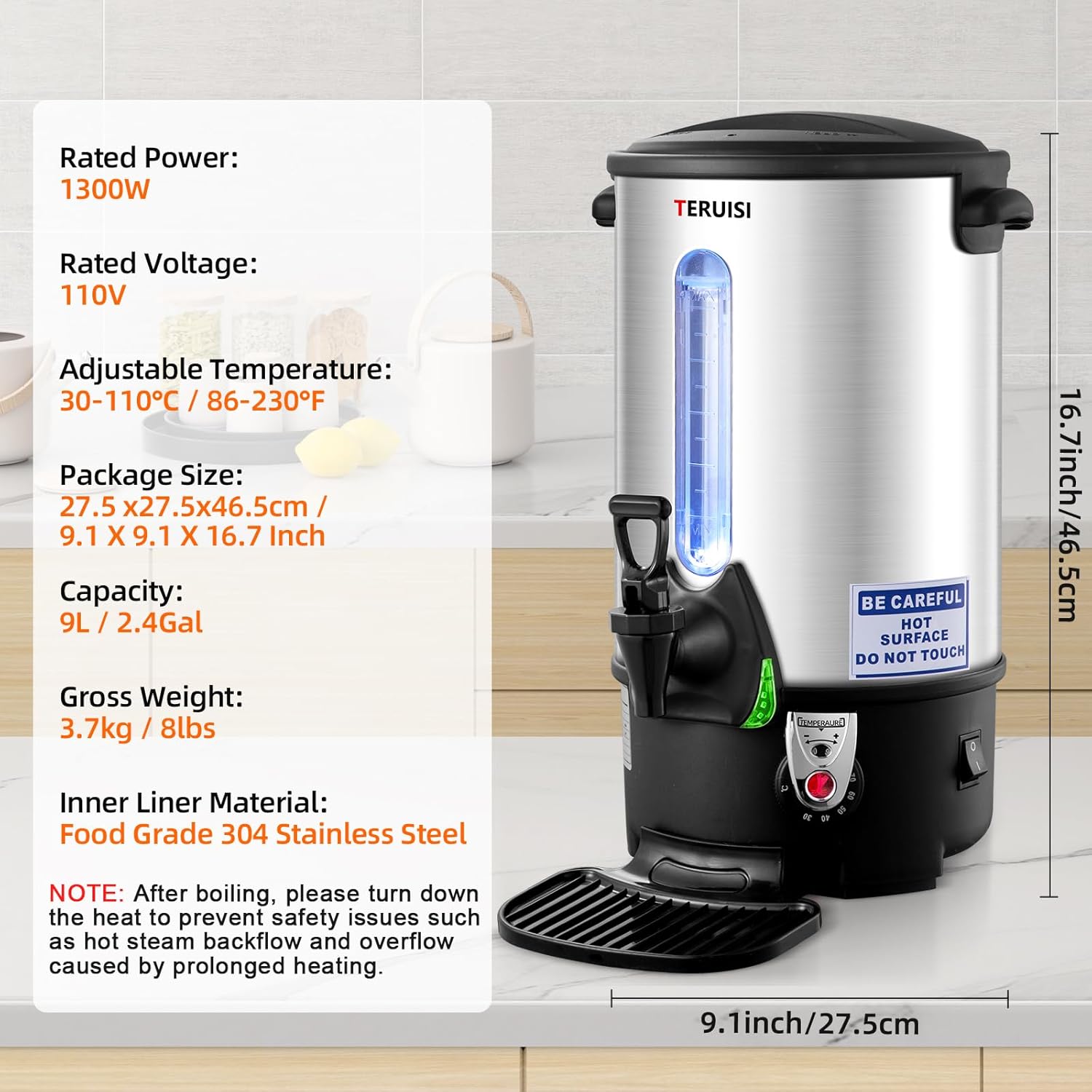 Coffee Urn, 65 Cups/9L Commercial Coffee Maker, 1300W Large Coffee Maker Hot Water Tea Urn with Filter Basket & Adjustable Temperature, Stainless Steel Hot Drink Beverage Dispenser