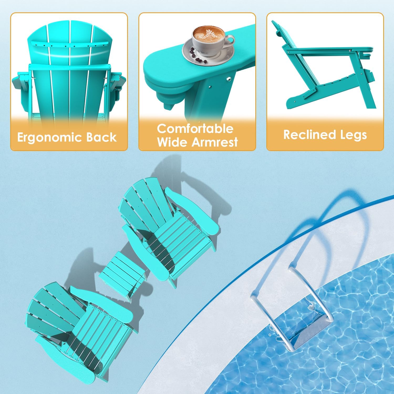 IVY&LANE Folding-Adirondack-Chairs-Set-of-2 | HDPE Plastic | Outdoor Fire Pit Chair with Cup Holder | Aqua | Poly | Weather Resistant | for Patio Deck Poolside Garden Beach