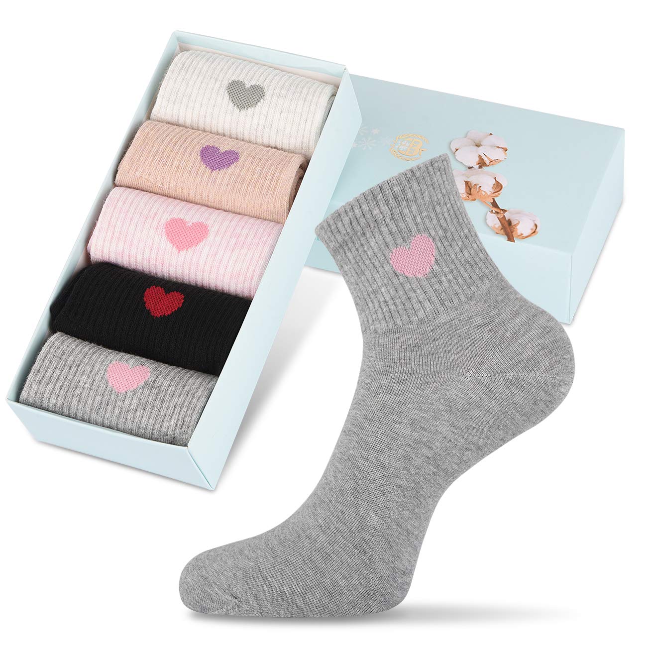 inhees Women's Cute Cotton Crew Socks, 6-Pairs Soft Above Ankle High Fun Heart Novelty Bootie Dress Socks (Gift box)