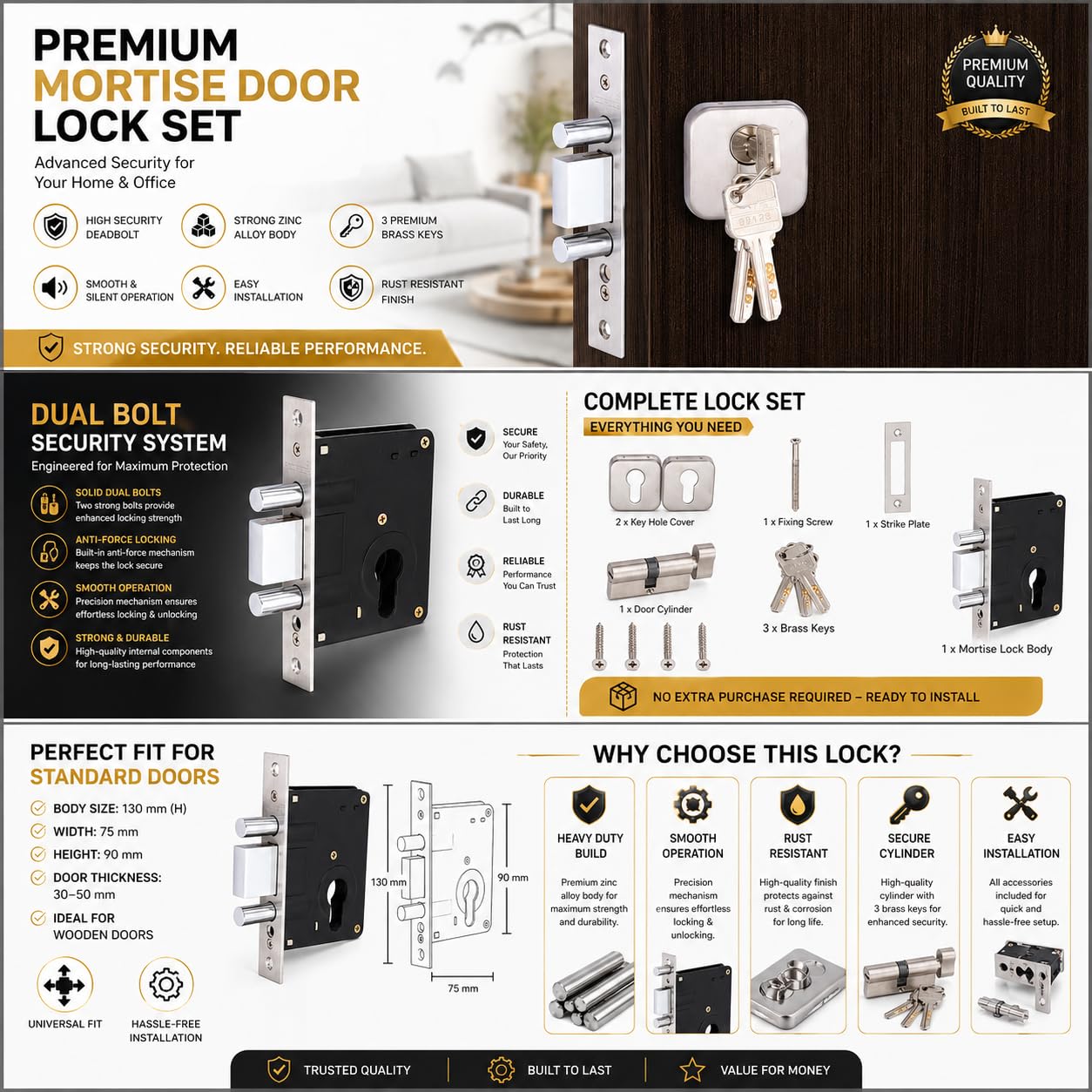 MODRAZE High Security Dead Bolt Lock | Heavy Duty Main Door Lock with 2 Bullets | Door Locks for Main Door 70mm Cylinder with 3 Ultra Brass Keys (2 Years Warranty) (SS) 2