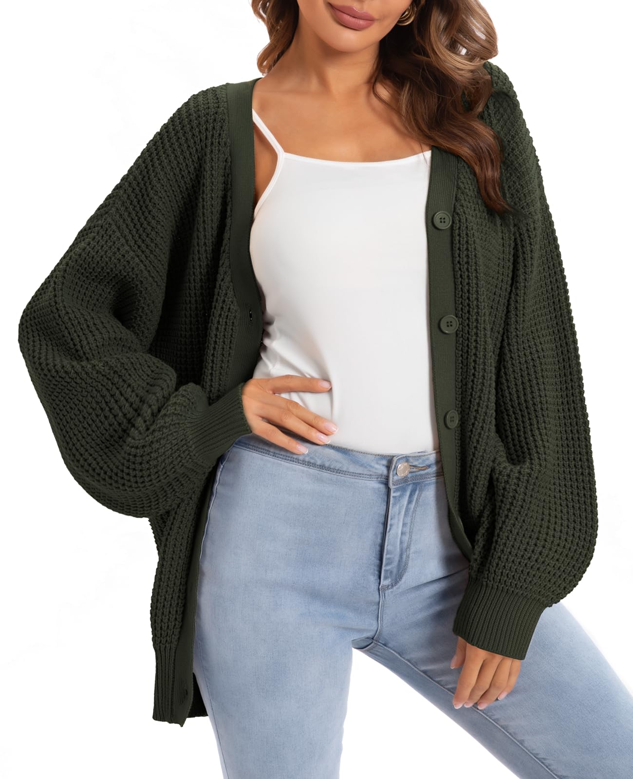 QUALFORT Cardigan Sweaters for Women 100% Cotton Button-Down Oversized Knit Outerwear Fall Tops for Women 2025